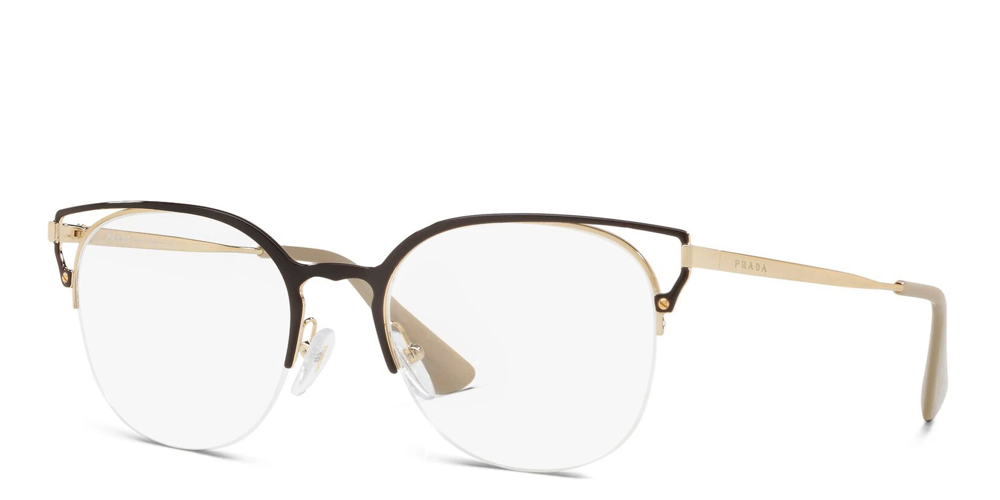Shop PRADA Half Rim Round Eyeglasses in Brown online.