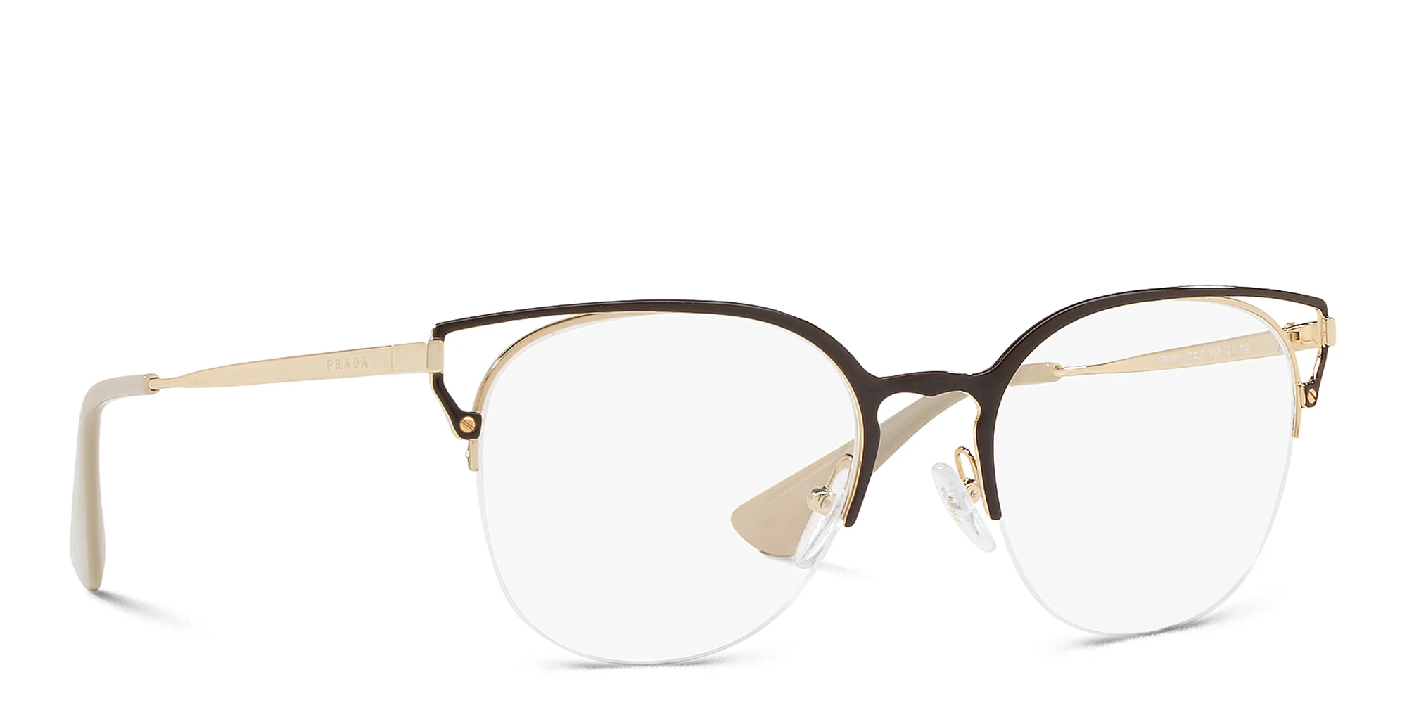 Shop PRADA Half Rim Round Eyeglasses in Brown online.