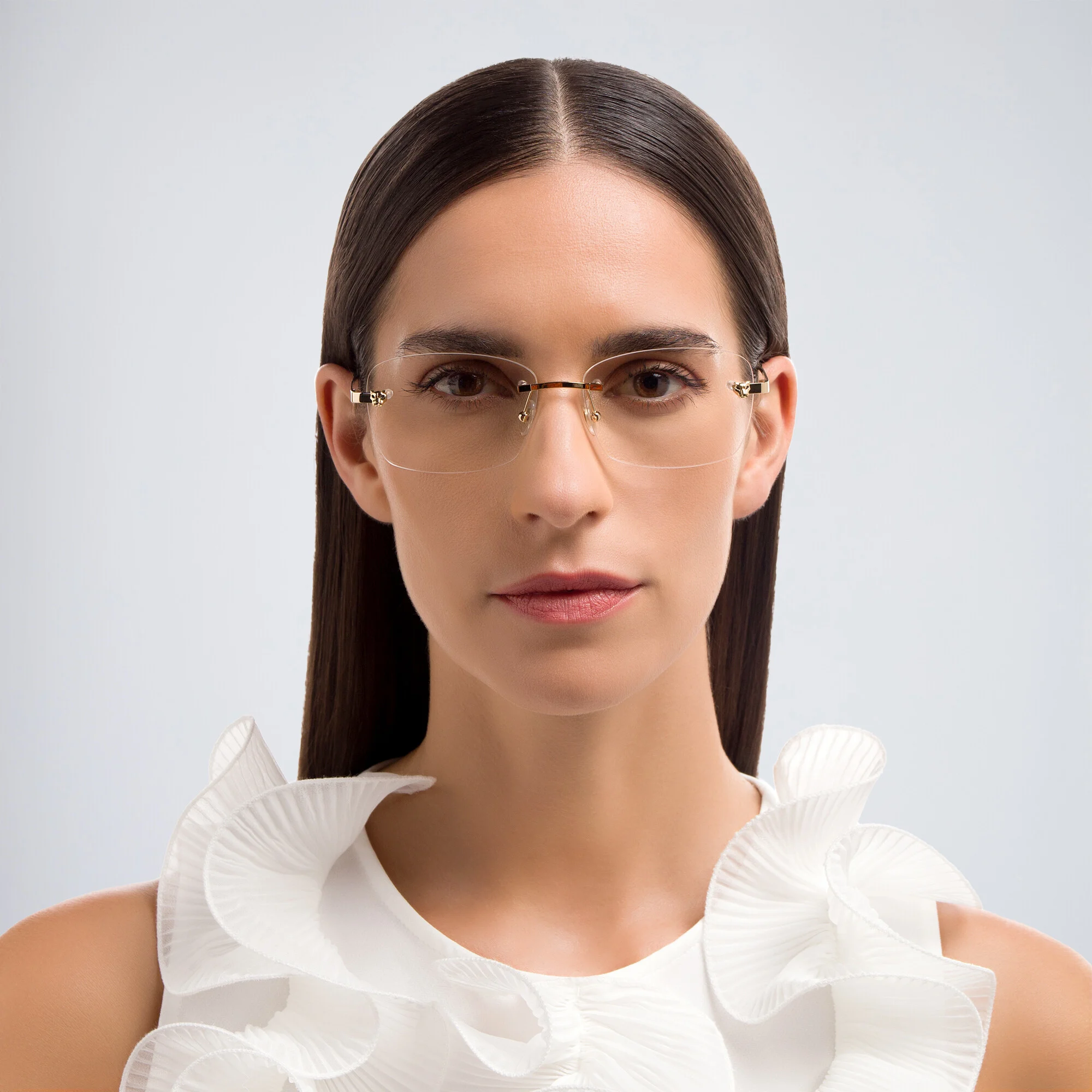 Shop Cartier Panthère de Cartier Rimless Wide Eyeglasses in Gold online.