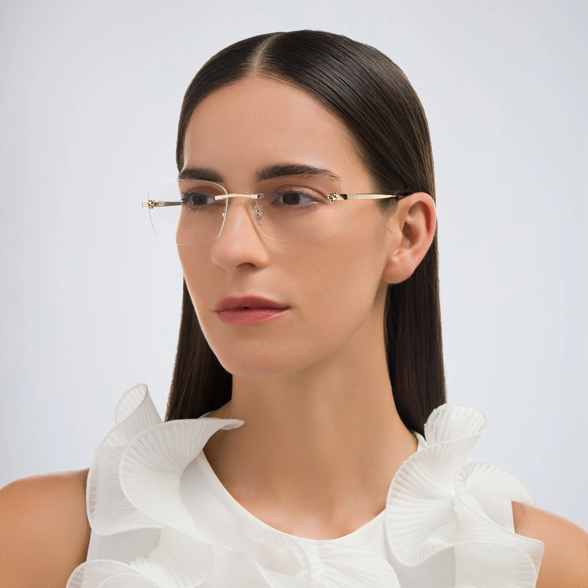 Shop Cartier Panthère de Cartier Rimless Wide Eyeglasses in Gold online.