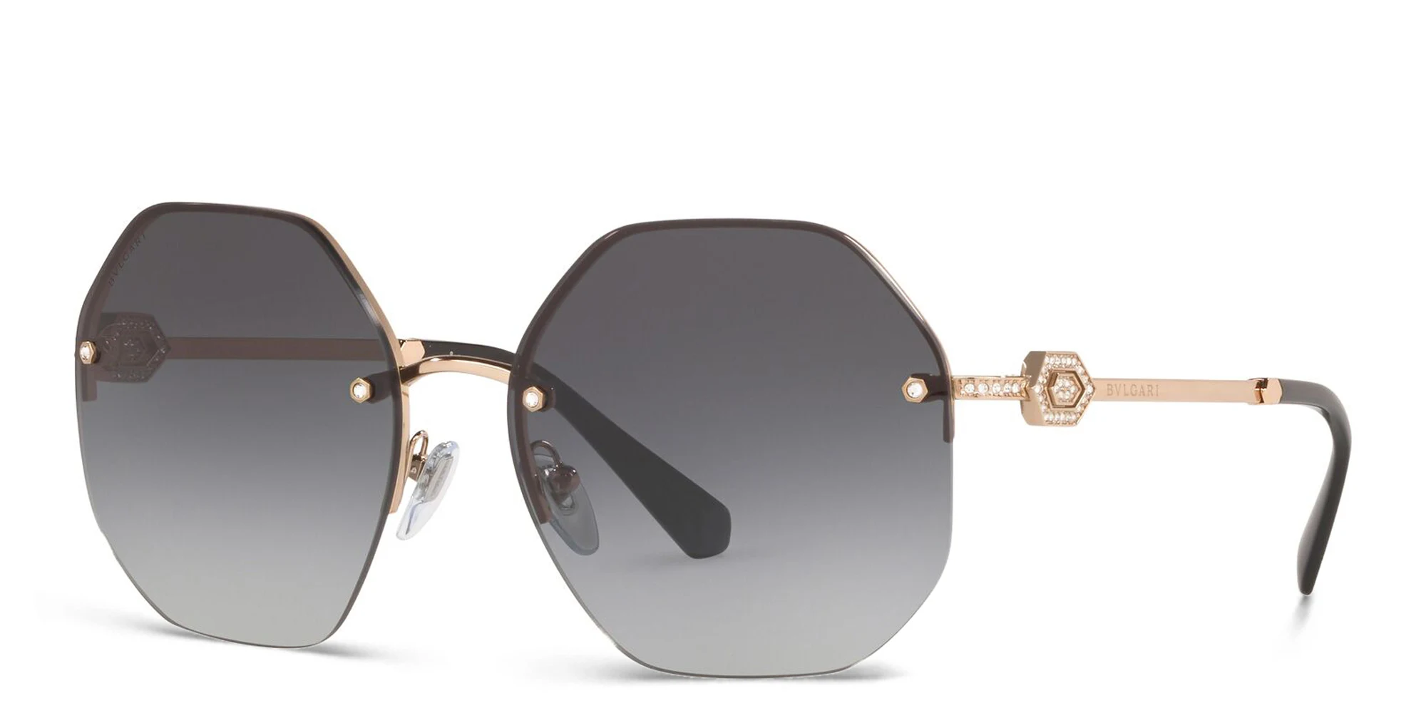 Shop BVLGARI Half Rim Irregular Sunglasses in Pink Gold online.