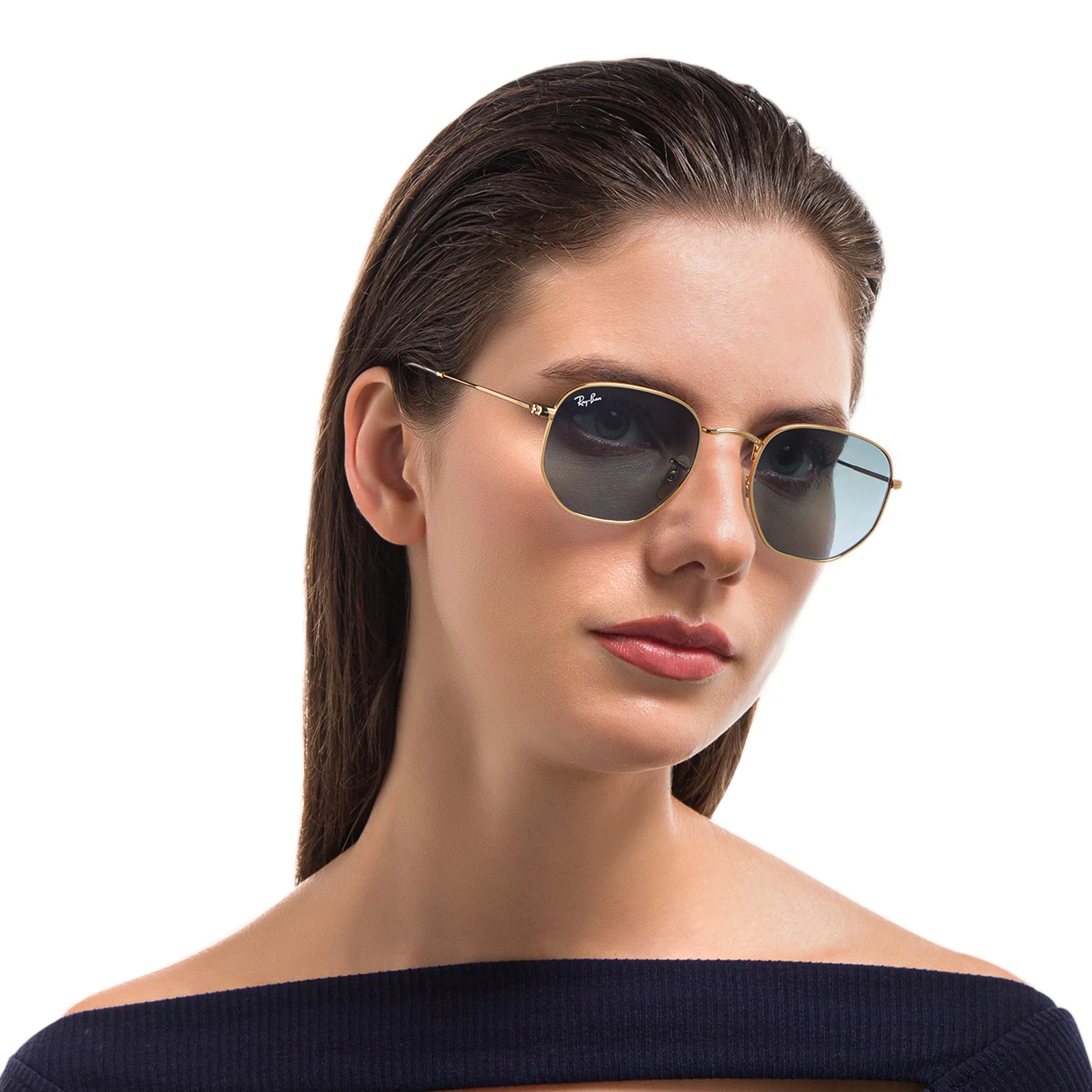 Shop Ray-Ban Hexagonal Unisex Sunglasses in Gold online.