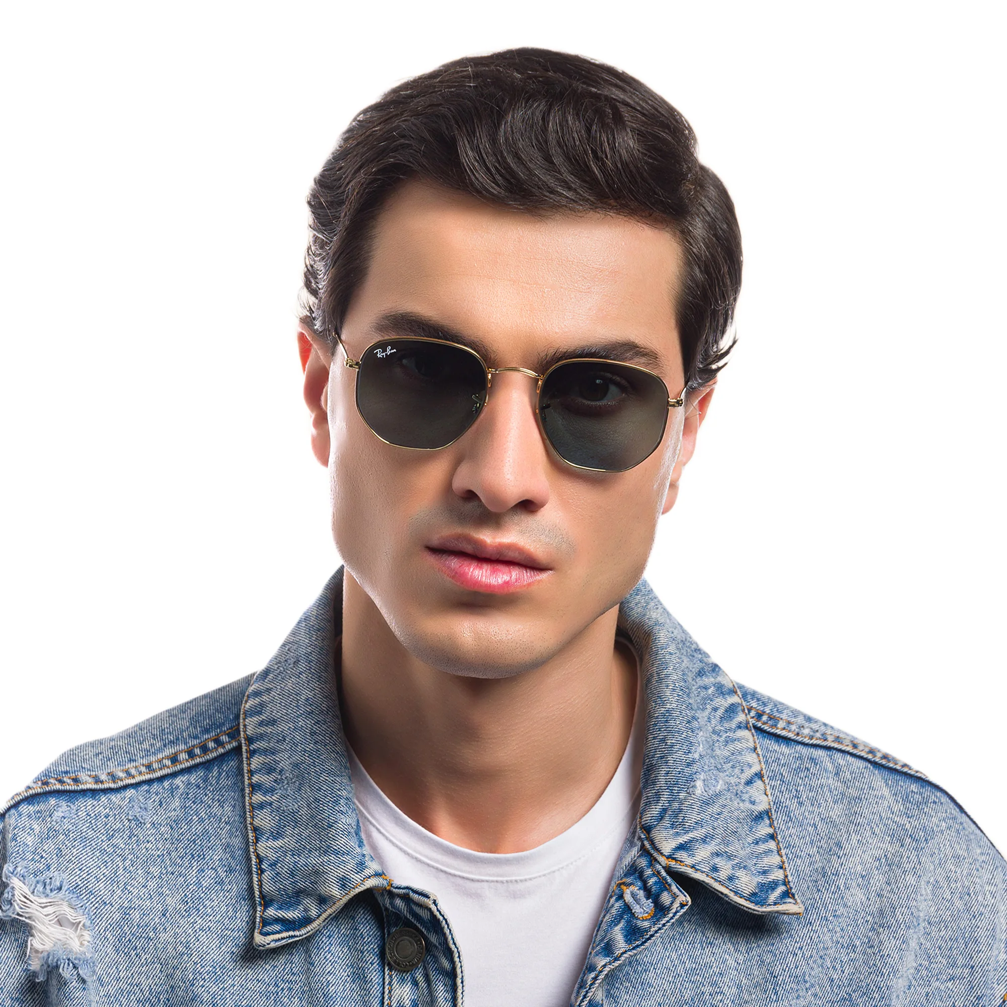 Shop Ray-Ban Hexagonal Unisex Sunglasses in Gold online.