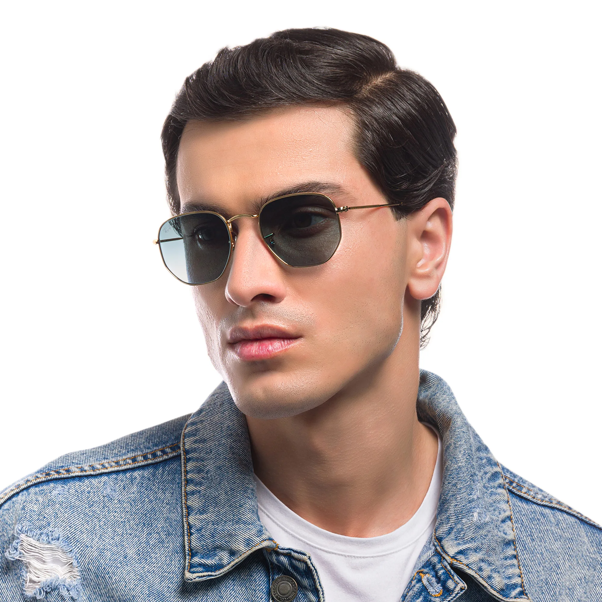 Shop Ray-Ban Hexagonal Unisex Sunglasses in Gold online.