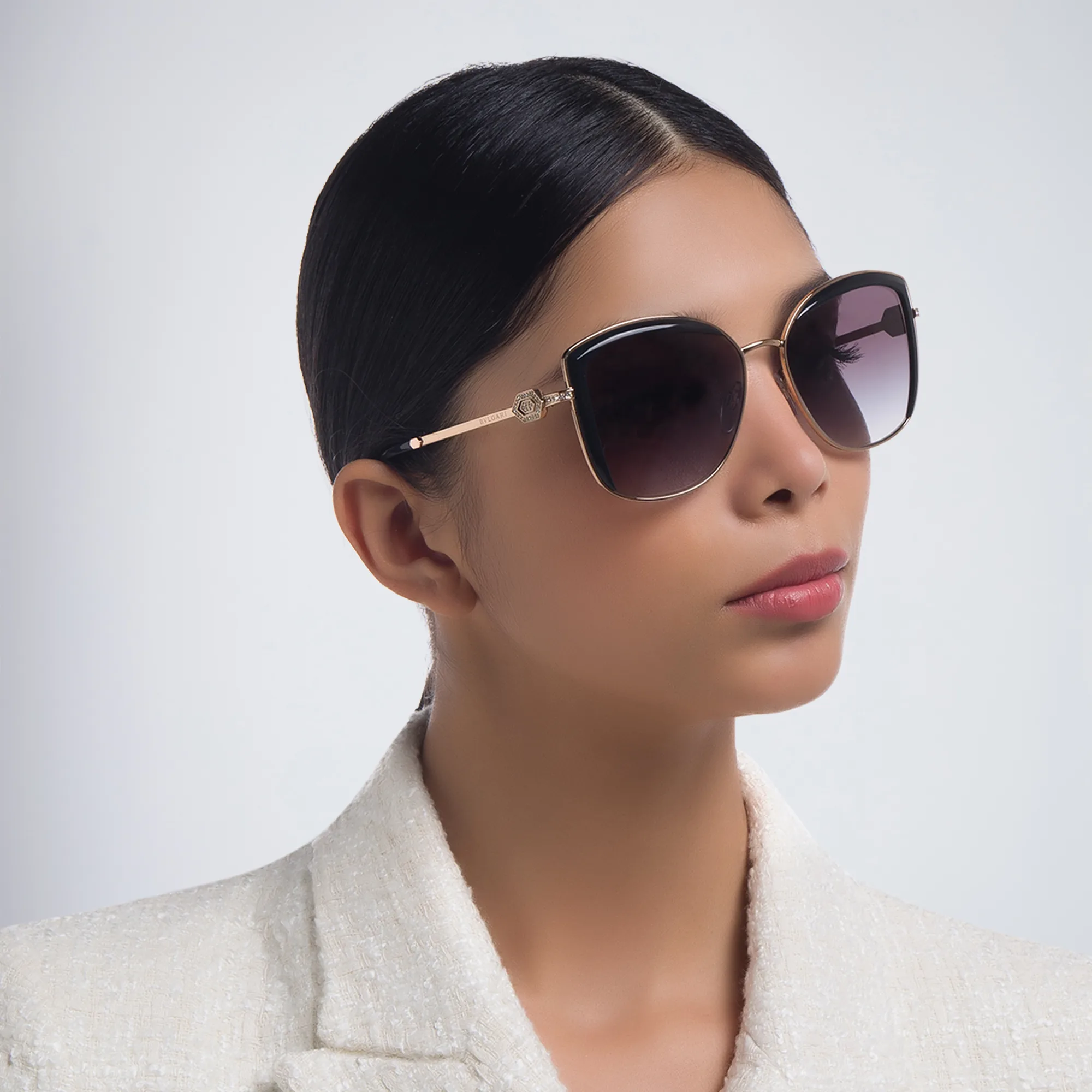 Shop BVLGARI Square Sunglasses in Pink Gold/Black online.