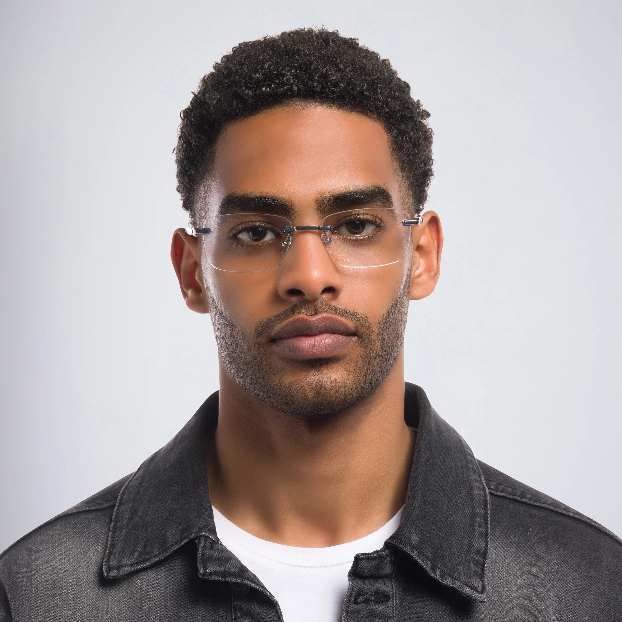 Shop EYE'M Rimless Rectangle Eyeglasses in Silver online.