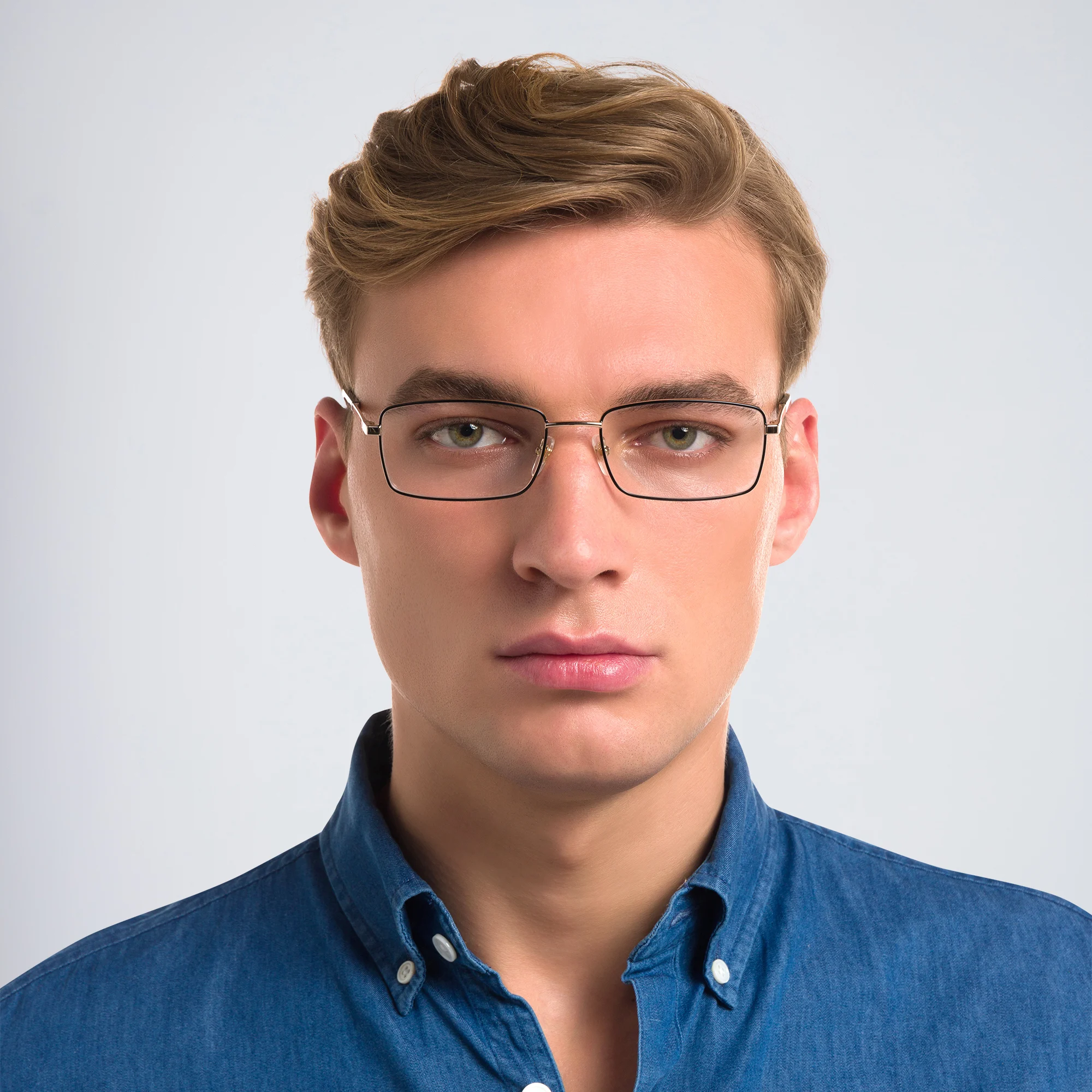 Shop EYE'M Wide Rectangle Eyeglasses in Gold Black online.