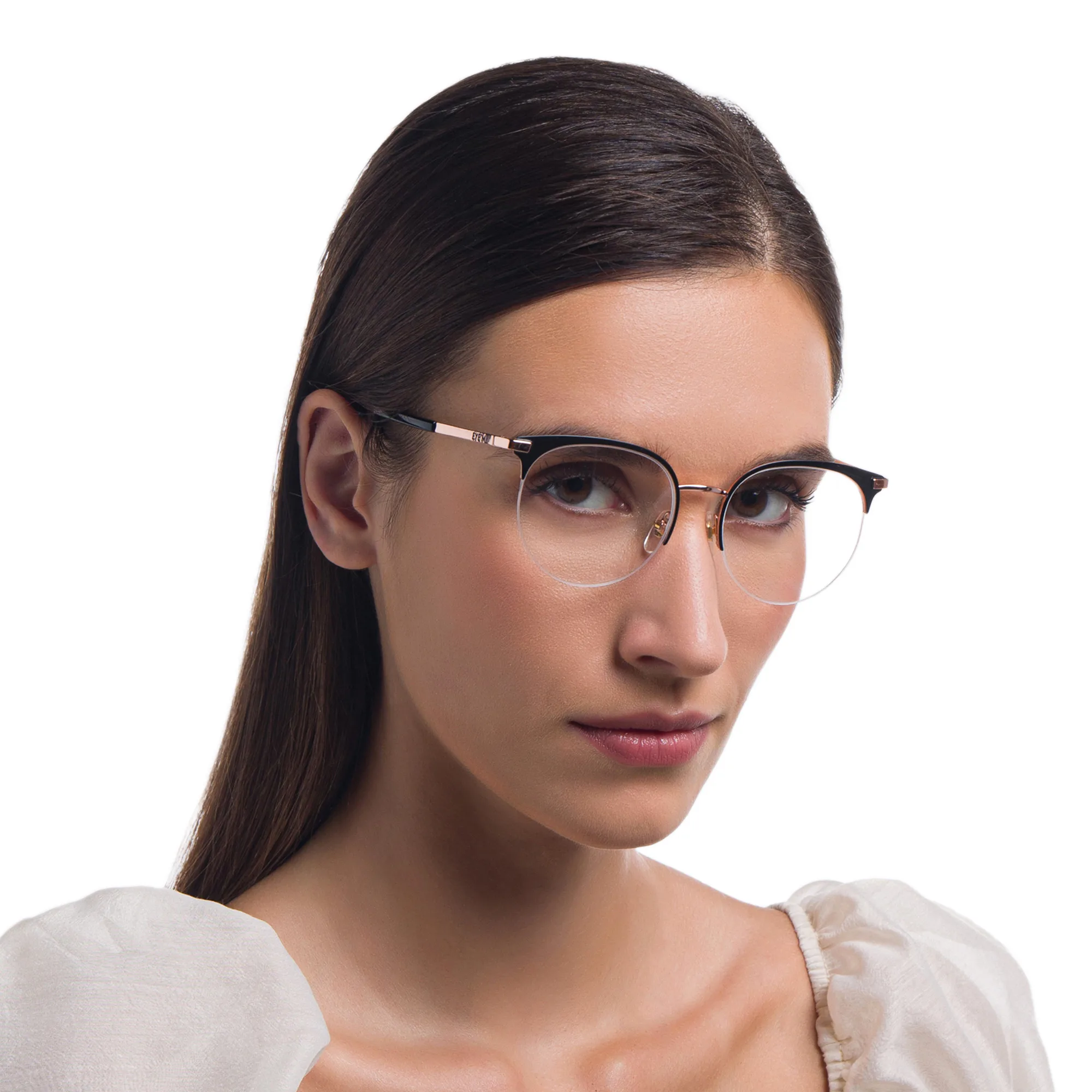 Shop EYE'M Half Rim Cat Eye Eyeglasses in Black & Rosegold online.
