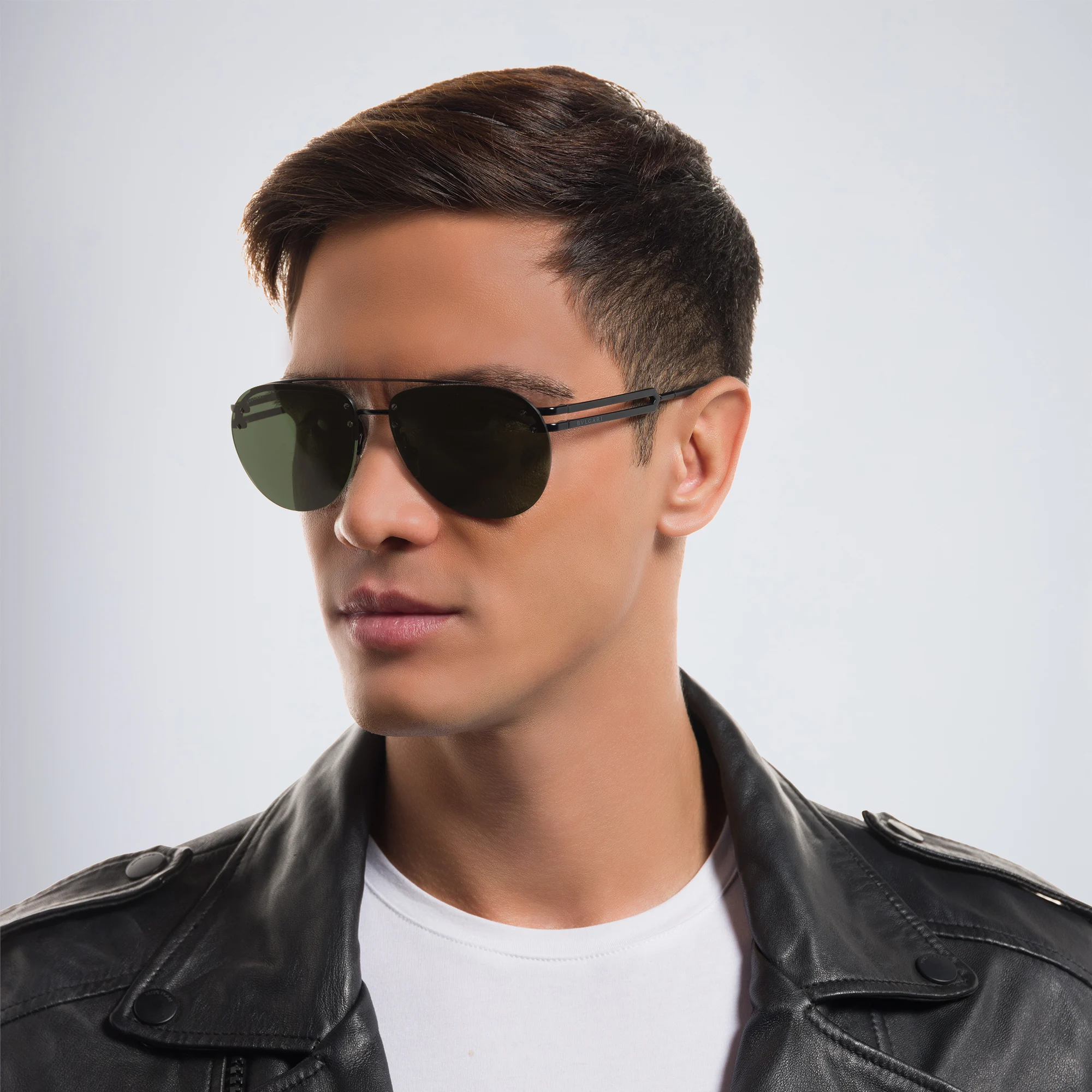 Shop BVLGARI Wide Aviator Sunglasses in Matte Black online.