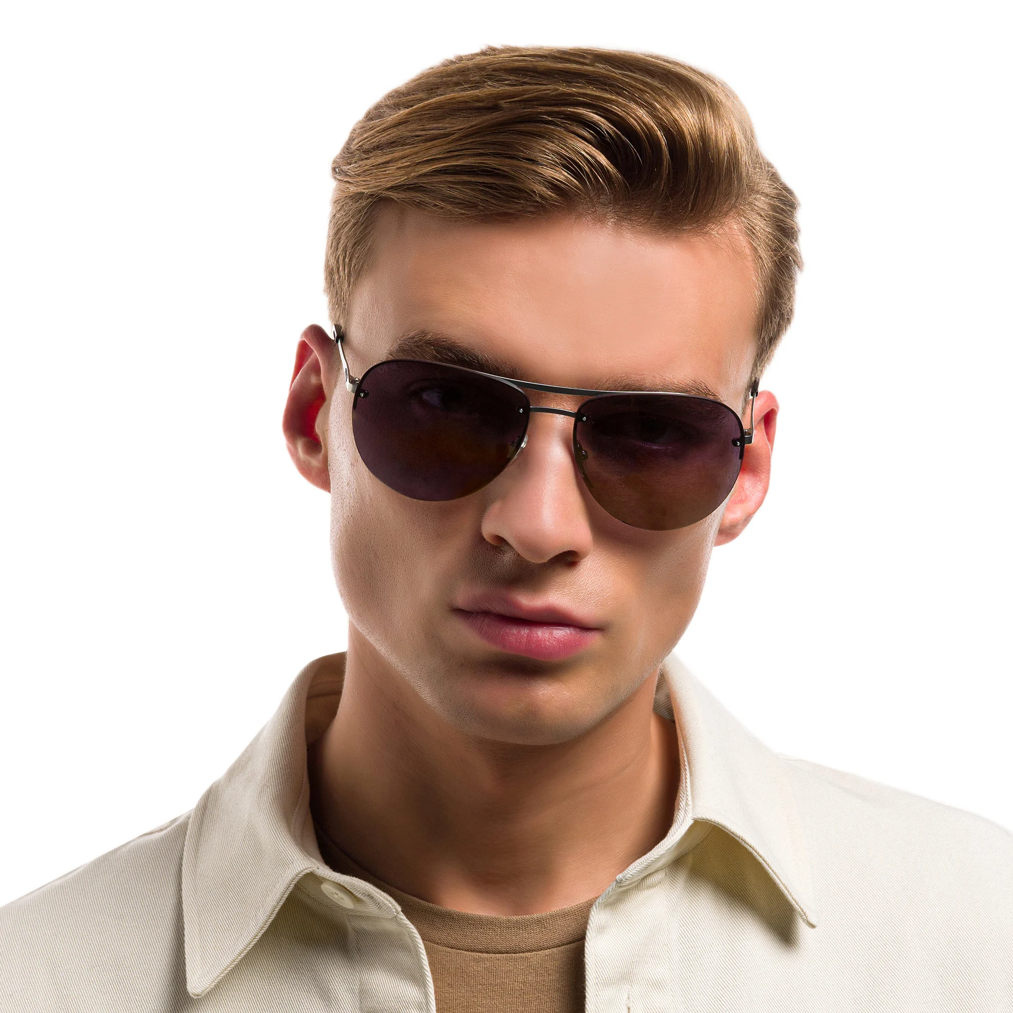 Shop EYE'M Half Rim Wide Aviator Sunglasses in Silver online.