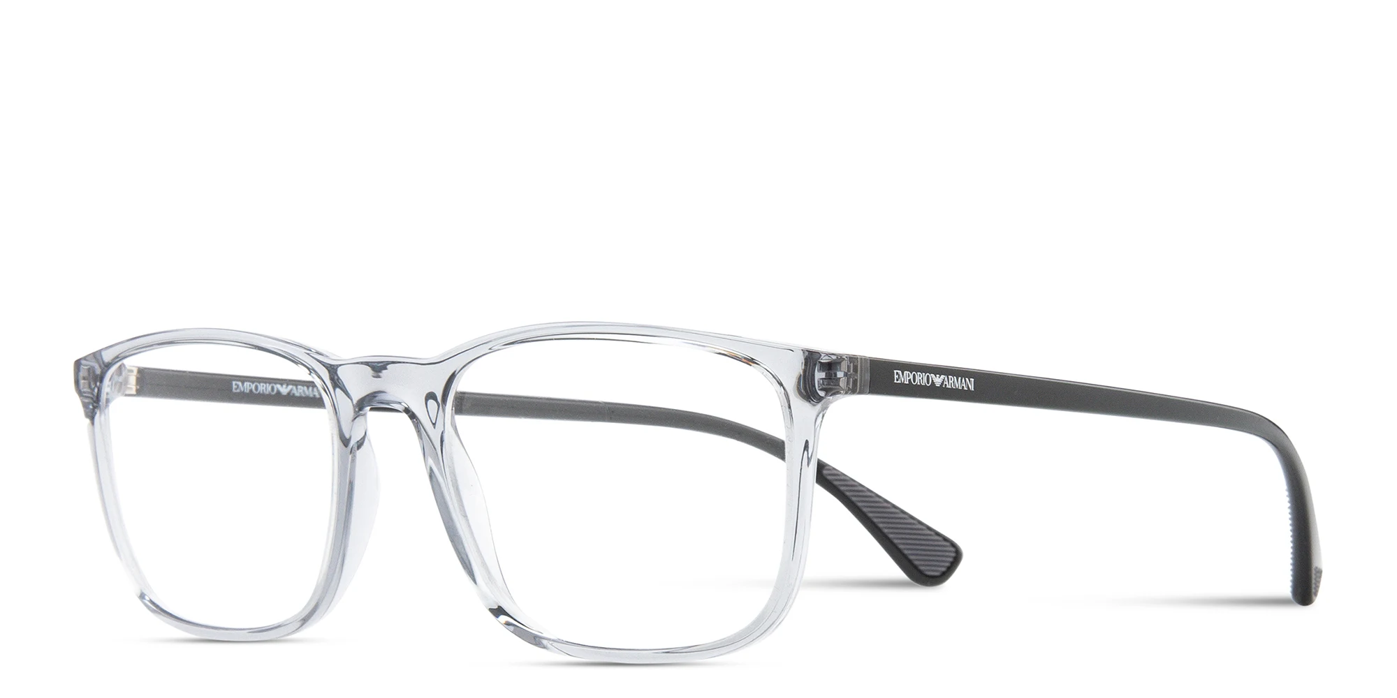 Shop Emporio Armani Rectangle Eyeglasses in Shiny Transparent Grey online.