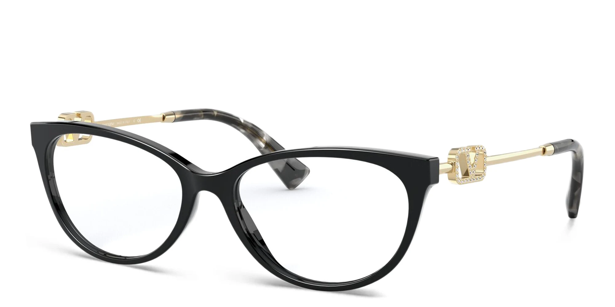 Shop VALENTINO Rhinestone V Logo Cat-Eye Eyeglasses in Black online.