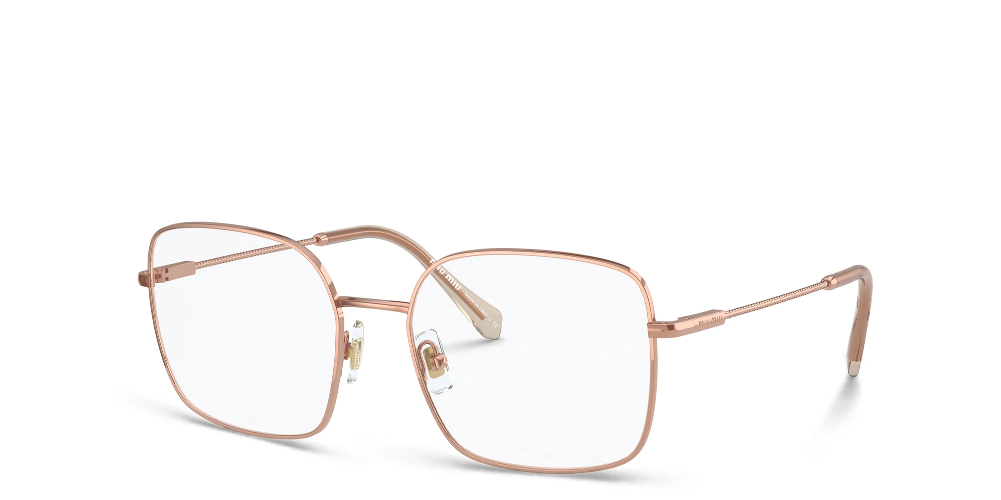 Shop MIU MIU Wide Square Eyeglasses in Pink Gold online.