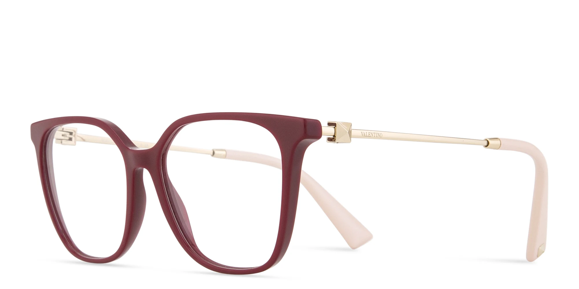 Shop VALENTINO Stud Square Eyeglasses in Burgundy online.