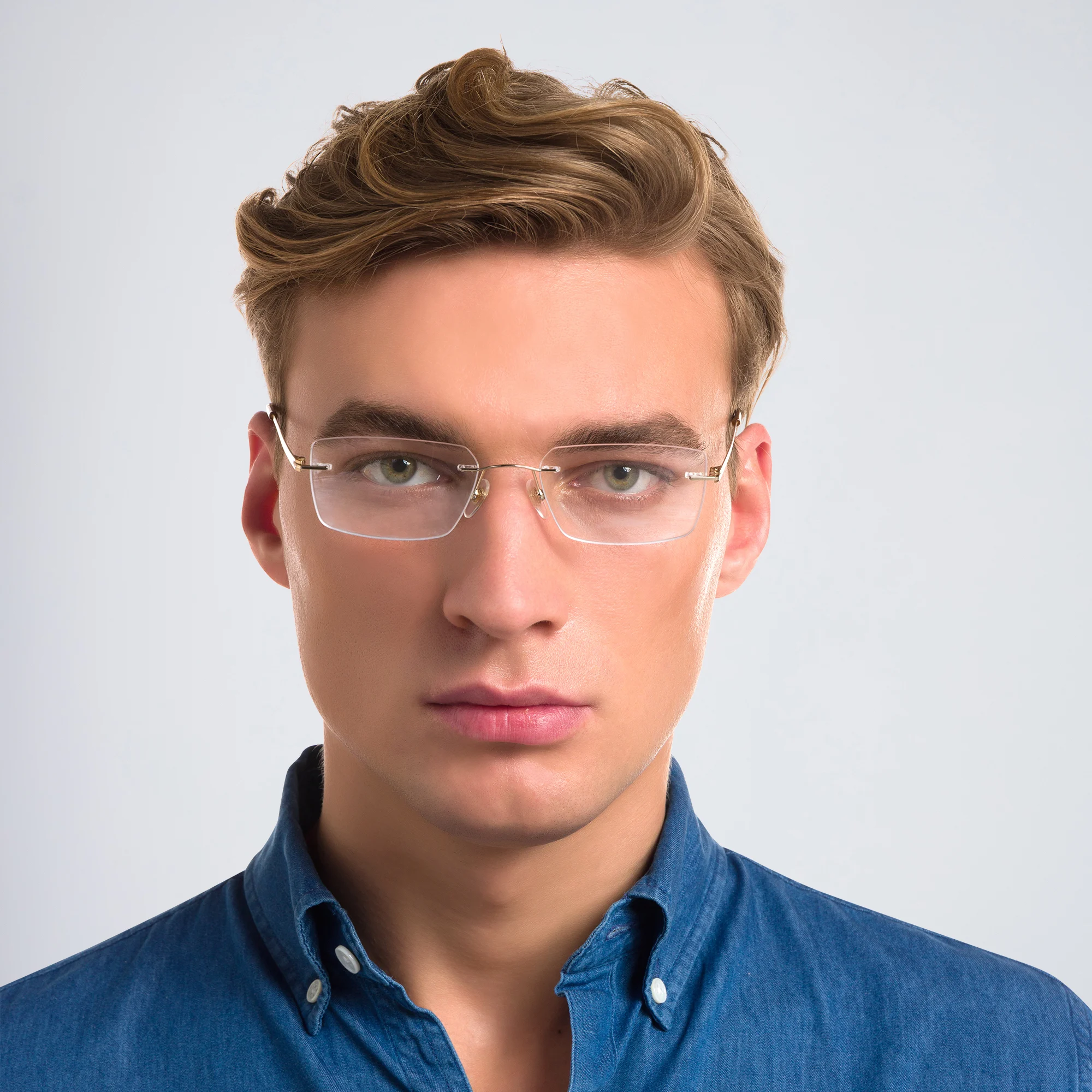 Shop EYE'M Rimless Rectangle Eyeglasses in Gold online.