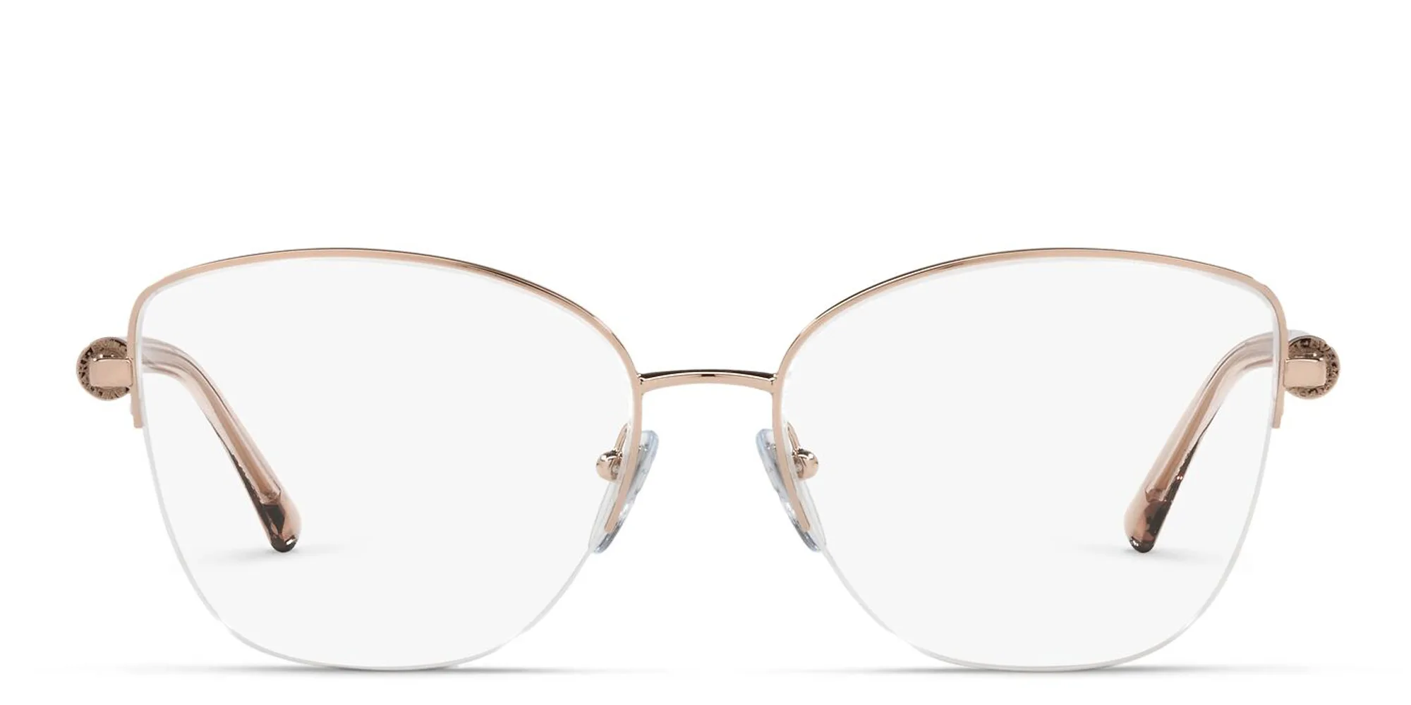 Shop BVLGARI Half Rim Wide Cat Eye Eyeglasses in Pink Gold online.