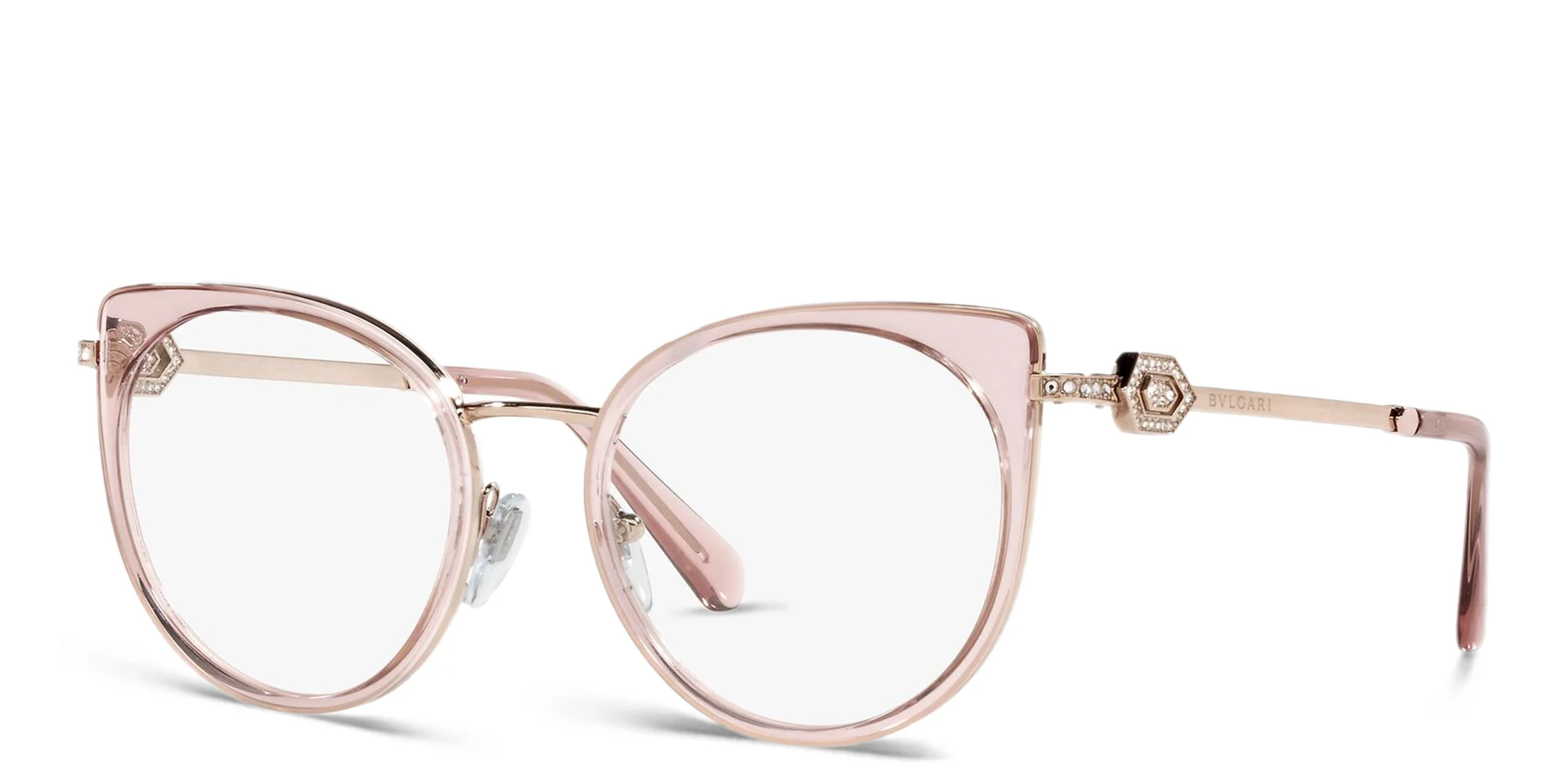 Shop BVLGARI Cat Eye Eyeglasses in Pink Gold/Transparent Pink online.