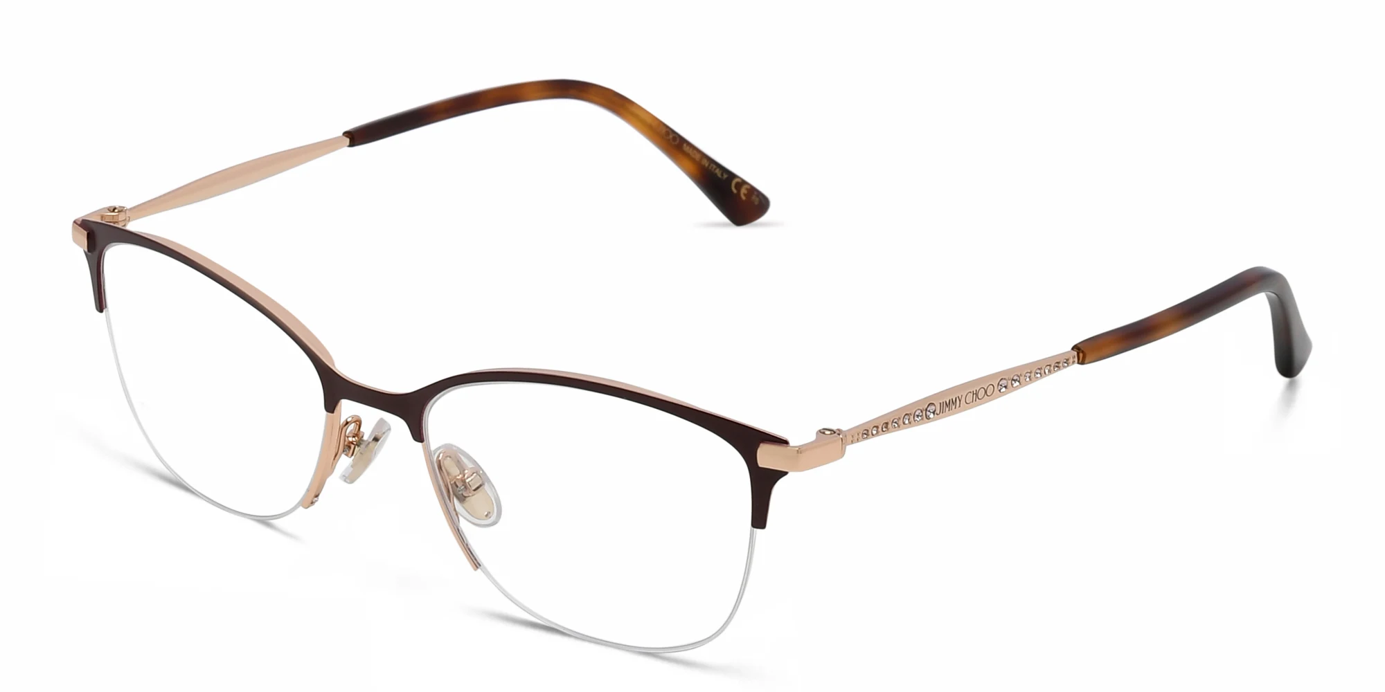 Shop JIMMY CHOO Logo Signature Half-Rim Cat-Eye Eyeglasses in Burgundy Gold online.