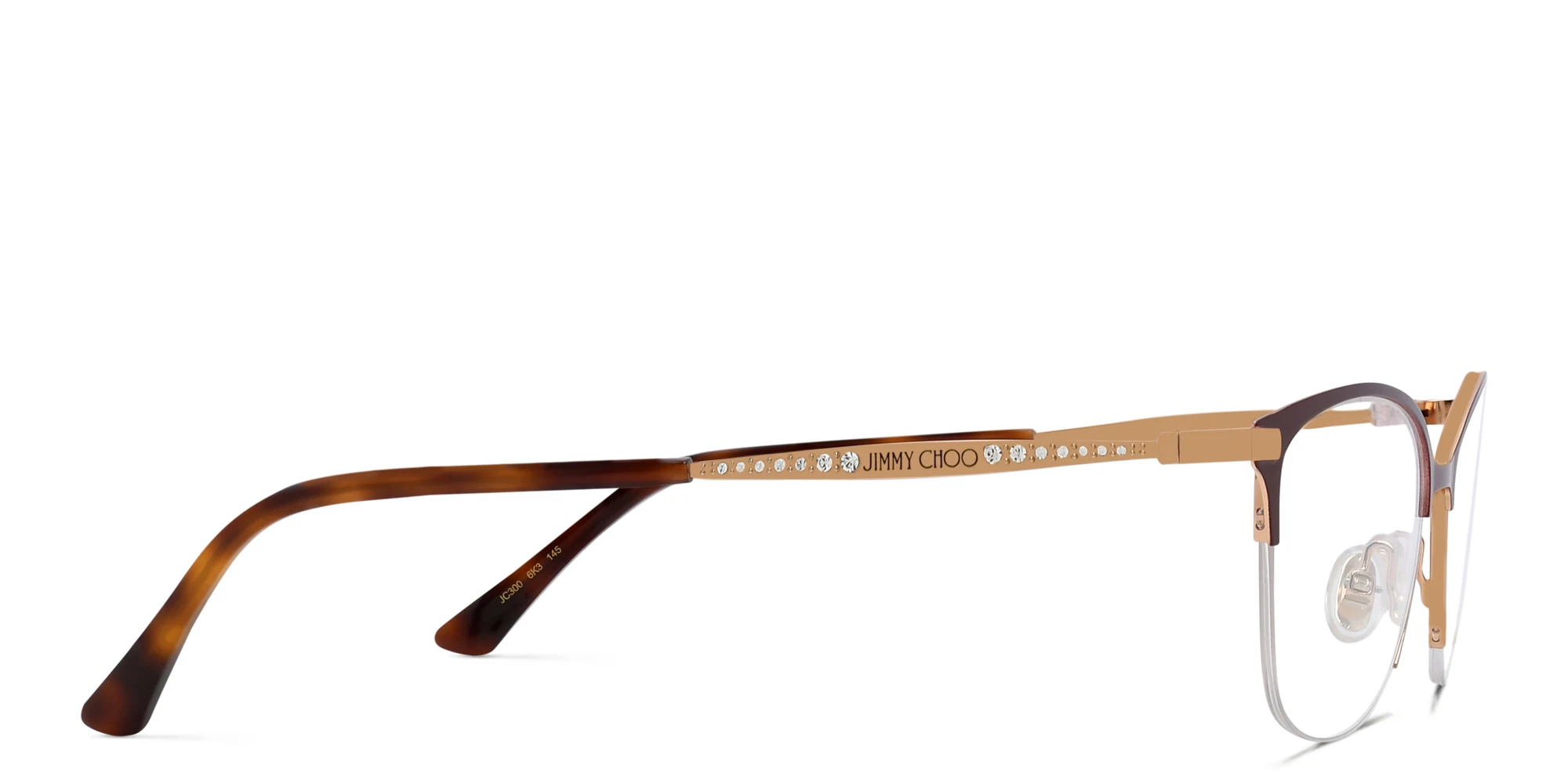 Shop JIMMY CHOO Logo Signature Half-Rim Cat-Eye Eyeglasses in Burgundy Gold online.