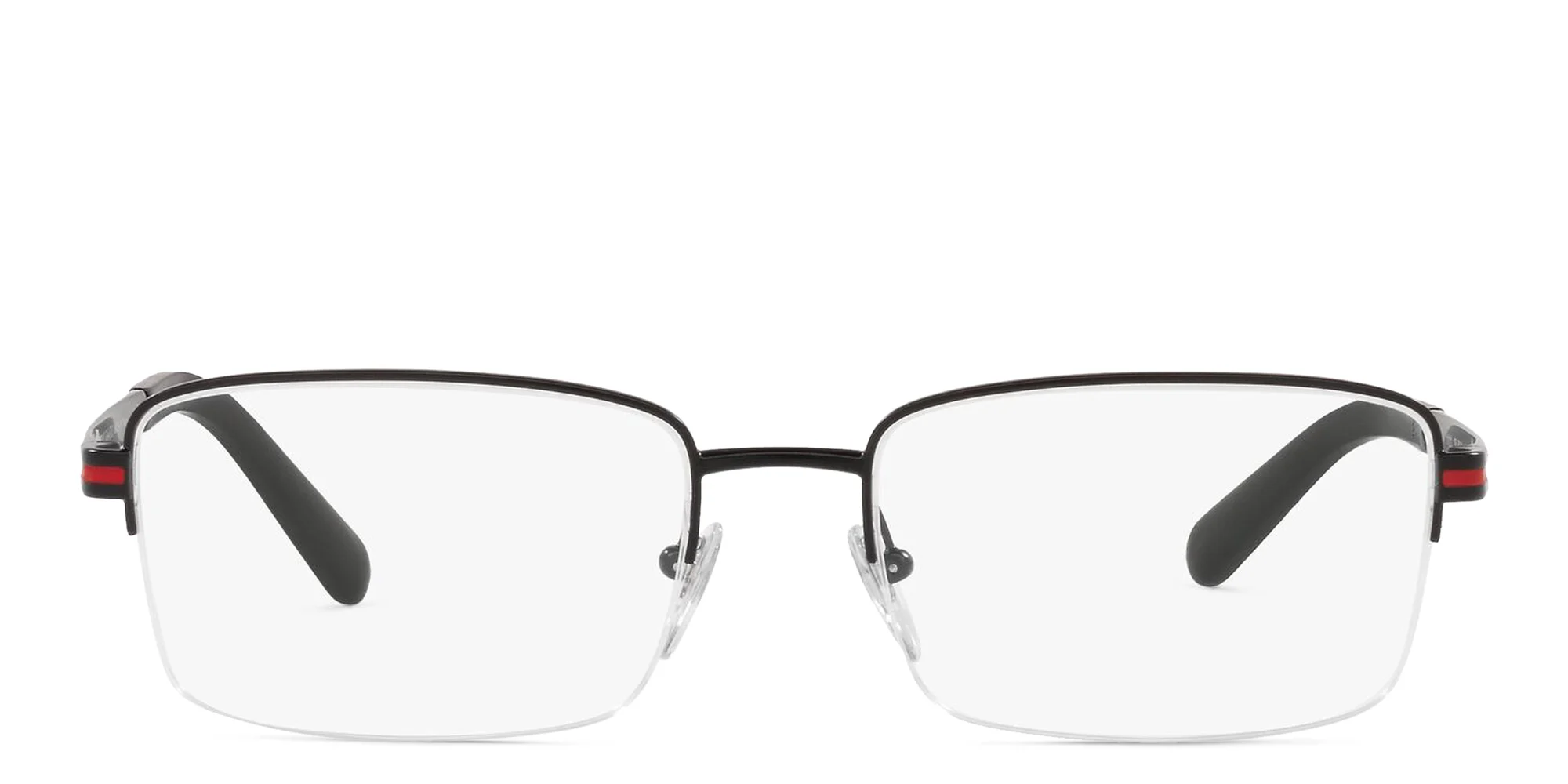 Shop BVLGARI Half Rim Wide Rectangle Eyeglasses in Matte Black online.
