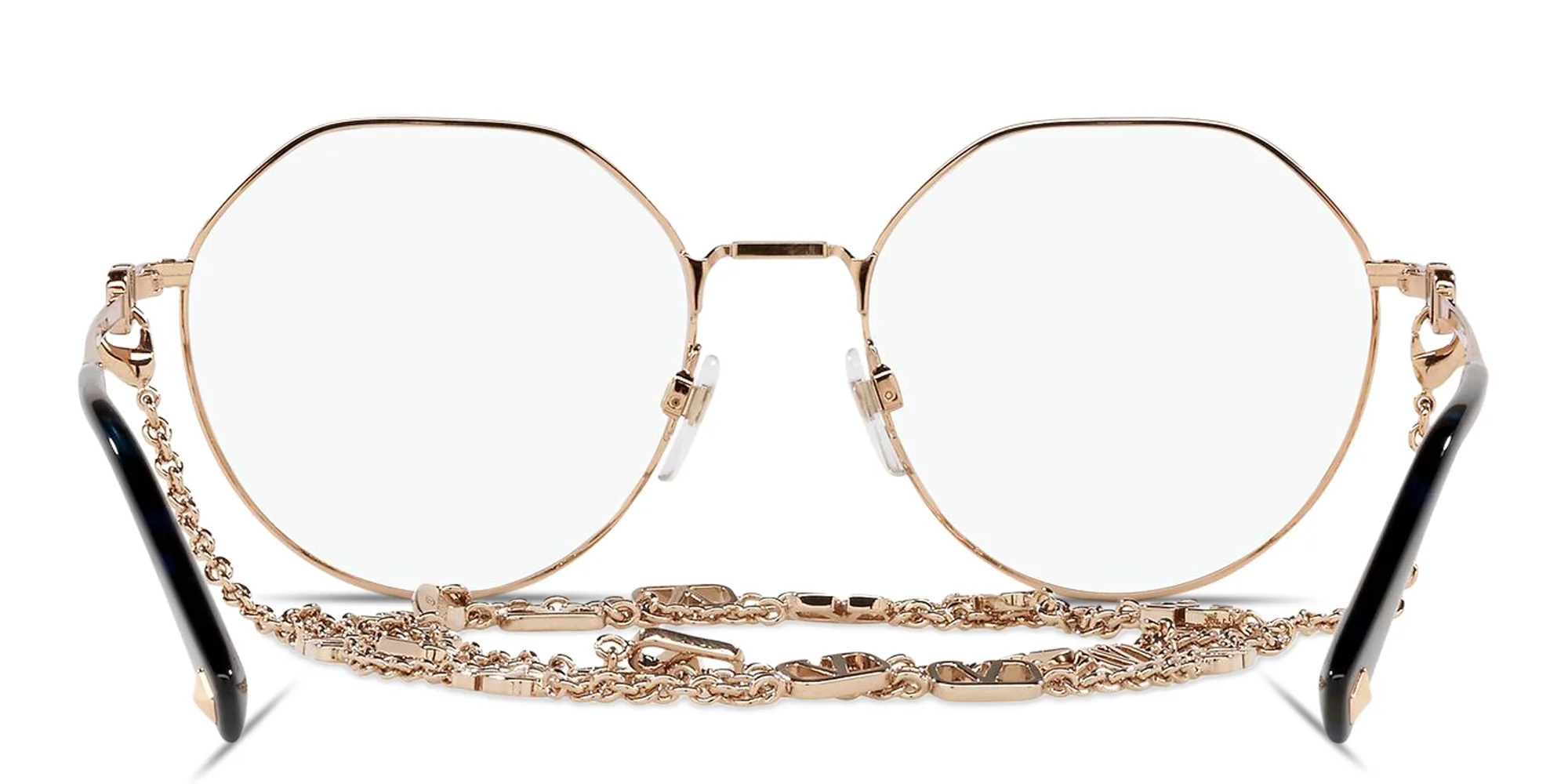Shop VALENTINO V Logo Irregular Eyeglasses with Removable Chain in Rose Gold online.