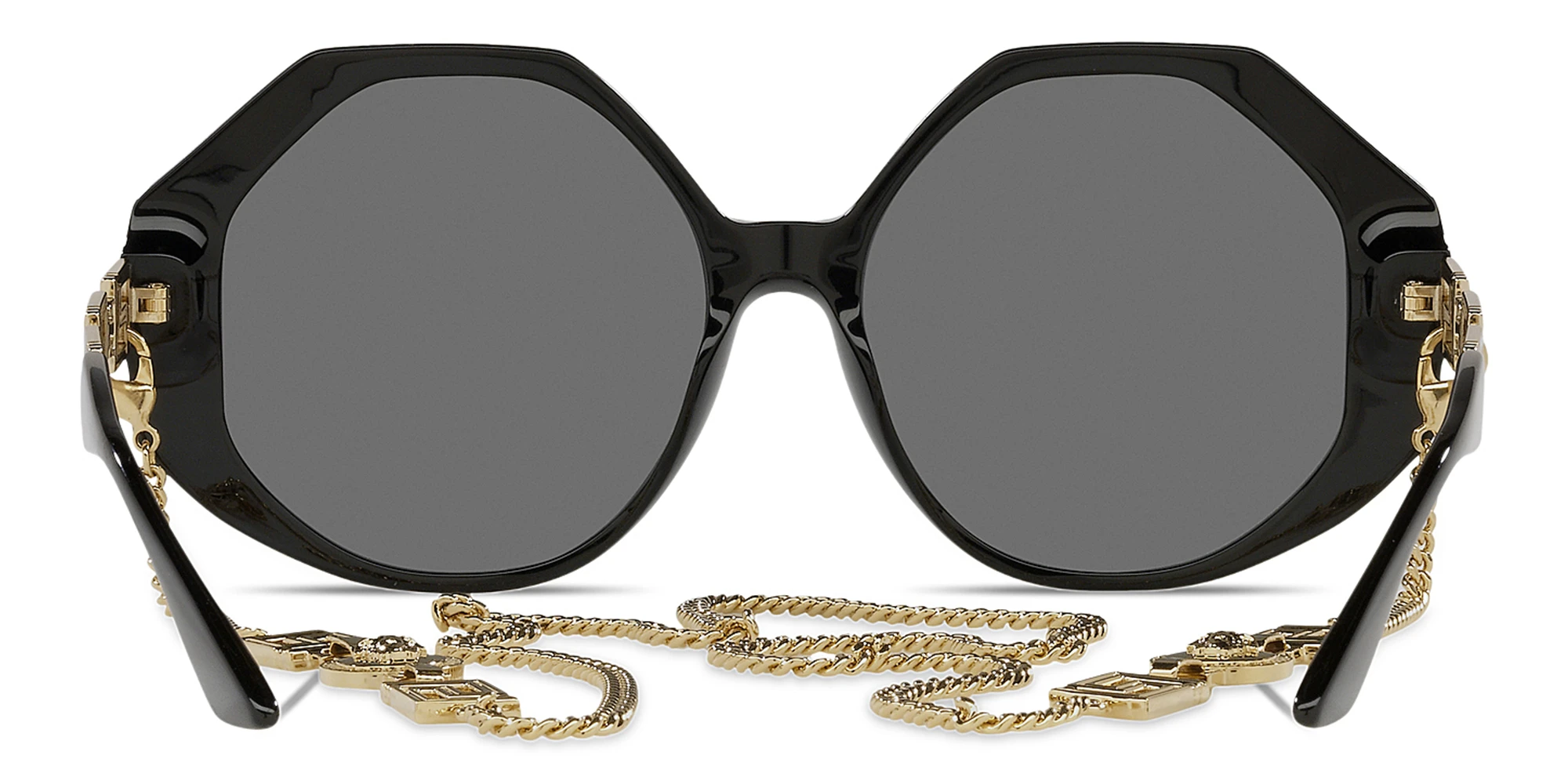 Shop VERSACE Greca Oversized Wide Sunglasses in Black online.