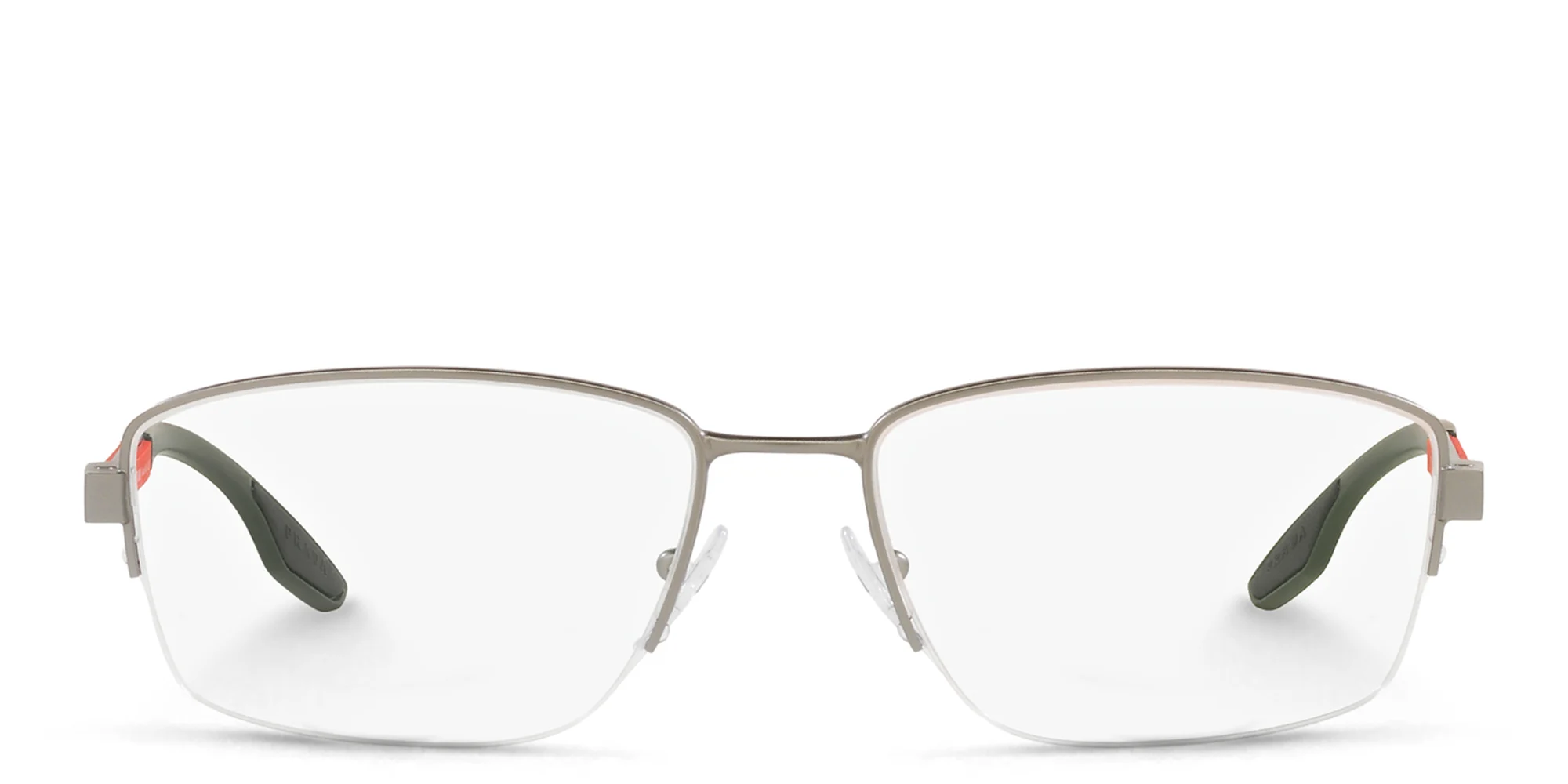 Shop Prada Linea Rossa Half-Rim Wide Rectangle Eyeglasses in Matte Gunmetal online.