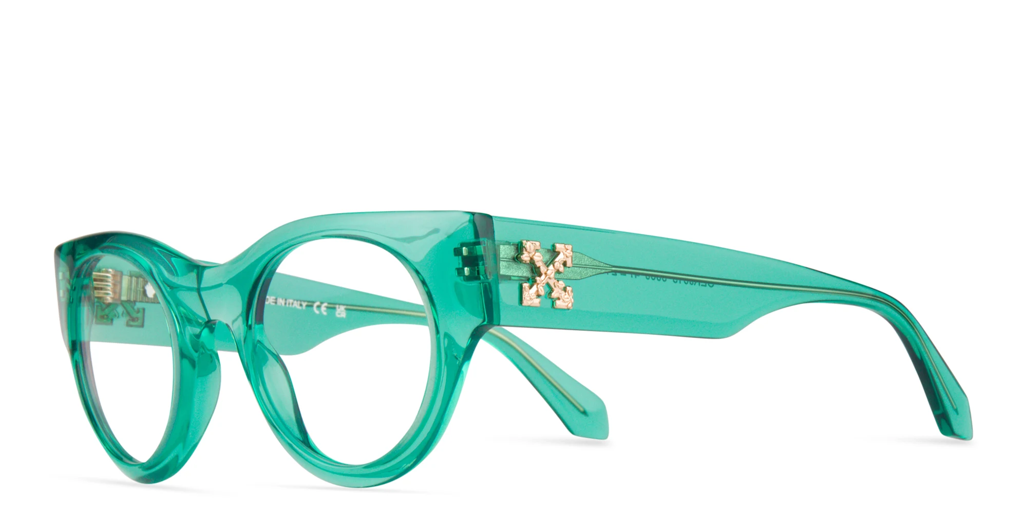 Shop OFF WHITE Unisex Round Eyeglasses in Crystal Light Green online.