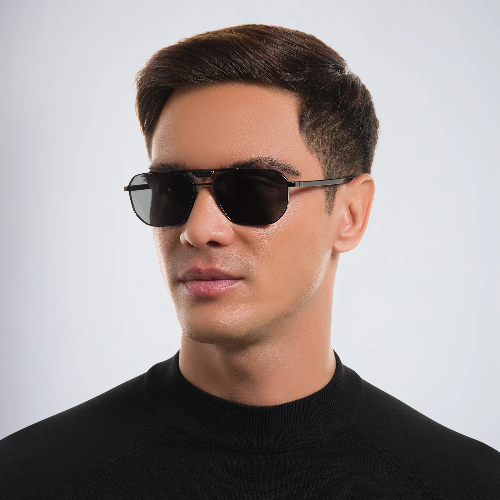 Shop PRADA Rectangle Sunglasses in Black online.