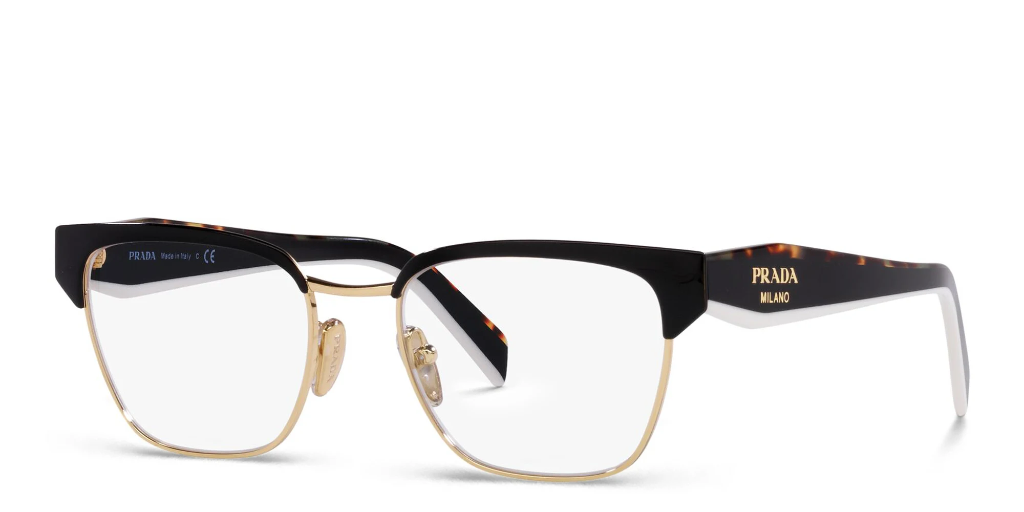 Shop PRADA Irregular Eyeglasses in Black/Pale Gold online.