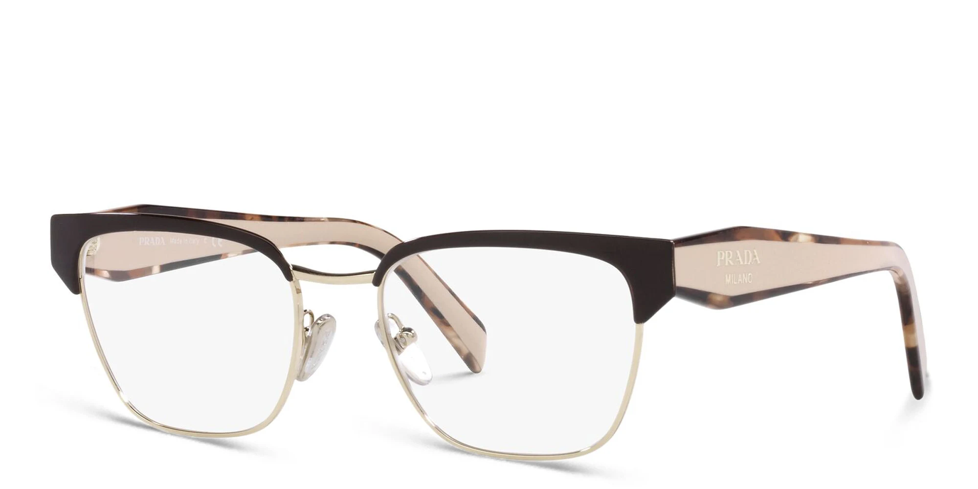 Shop PRADA Irregular Eyeglasses in Brown/Pale Gold online.