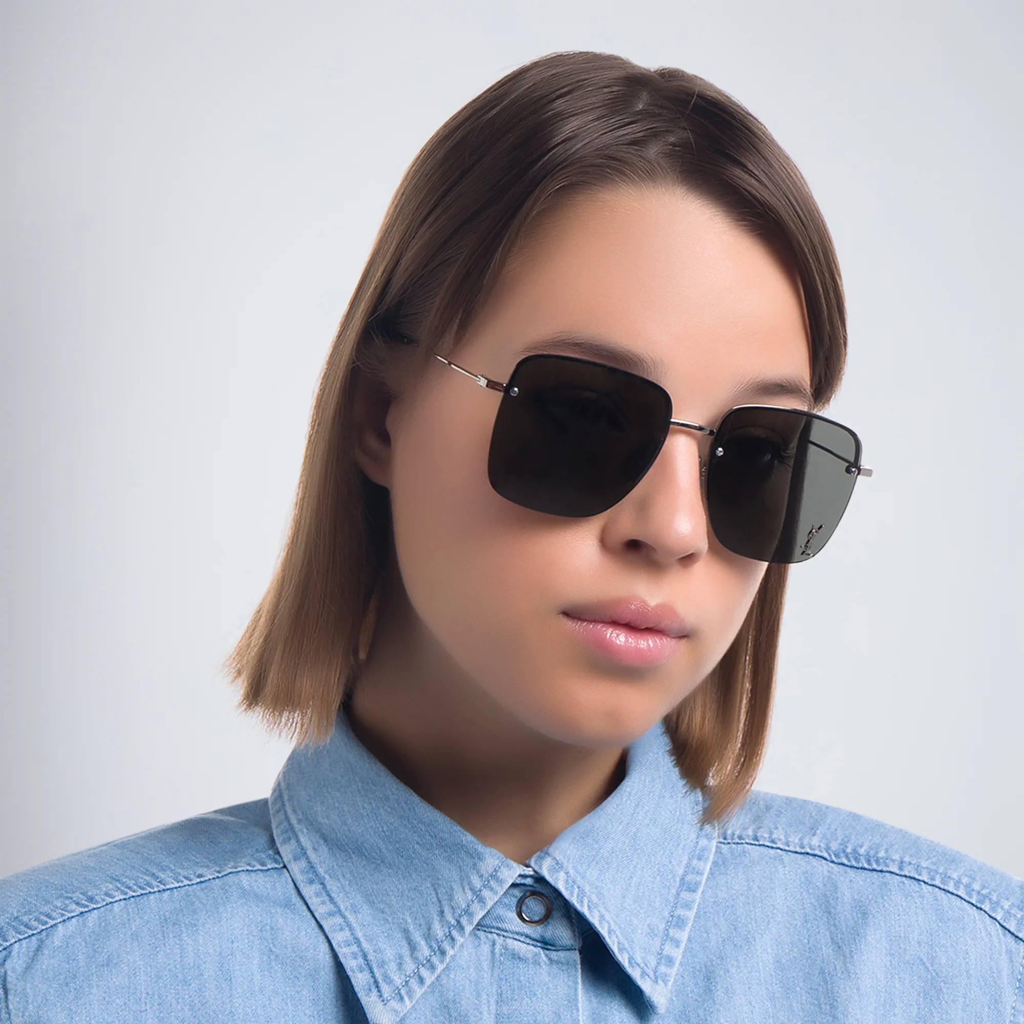 Shop SAINT LAURENT Half-Rim Square Sunglasses in Silver online.