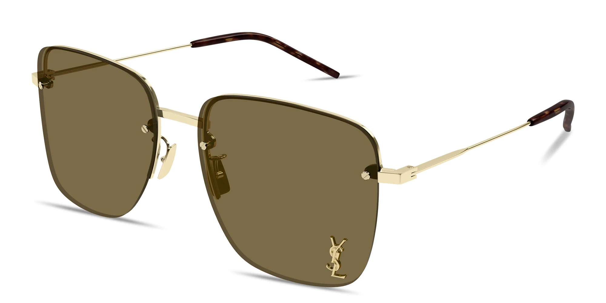 Shop SAINT LAURENT YSL Logo Oversized Half-Rim Square Sunglasses in Gold online.