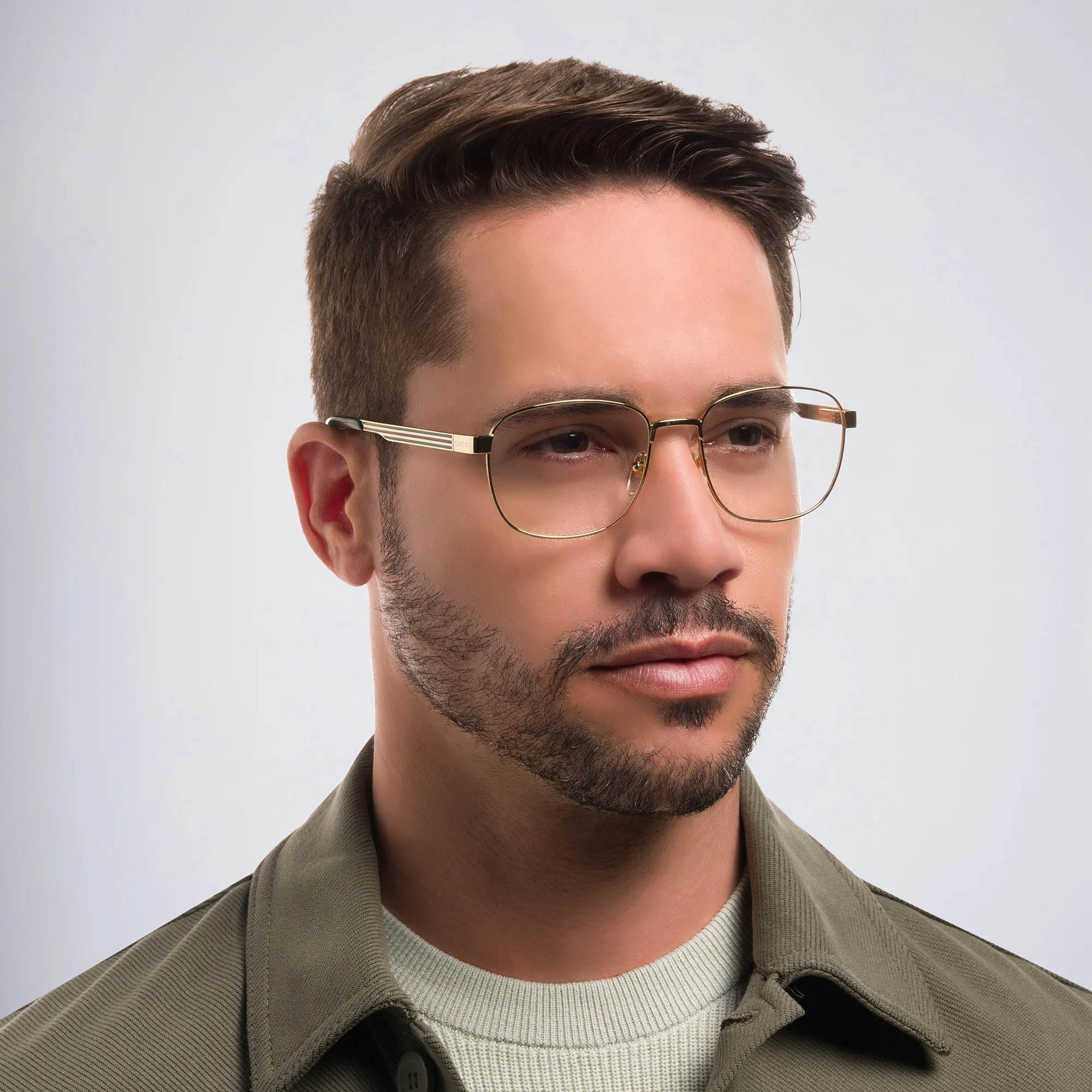 Shop GUCCI Wide Square Eyeglasses in Gold online.