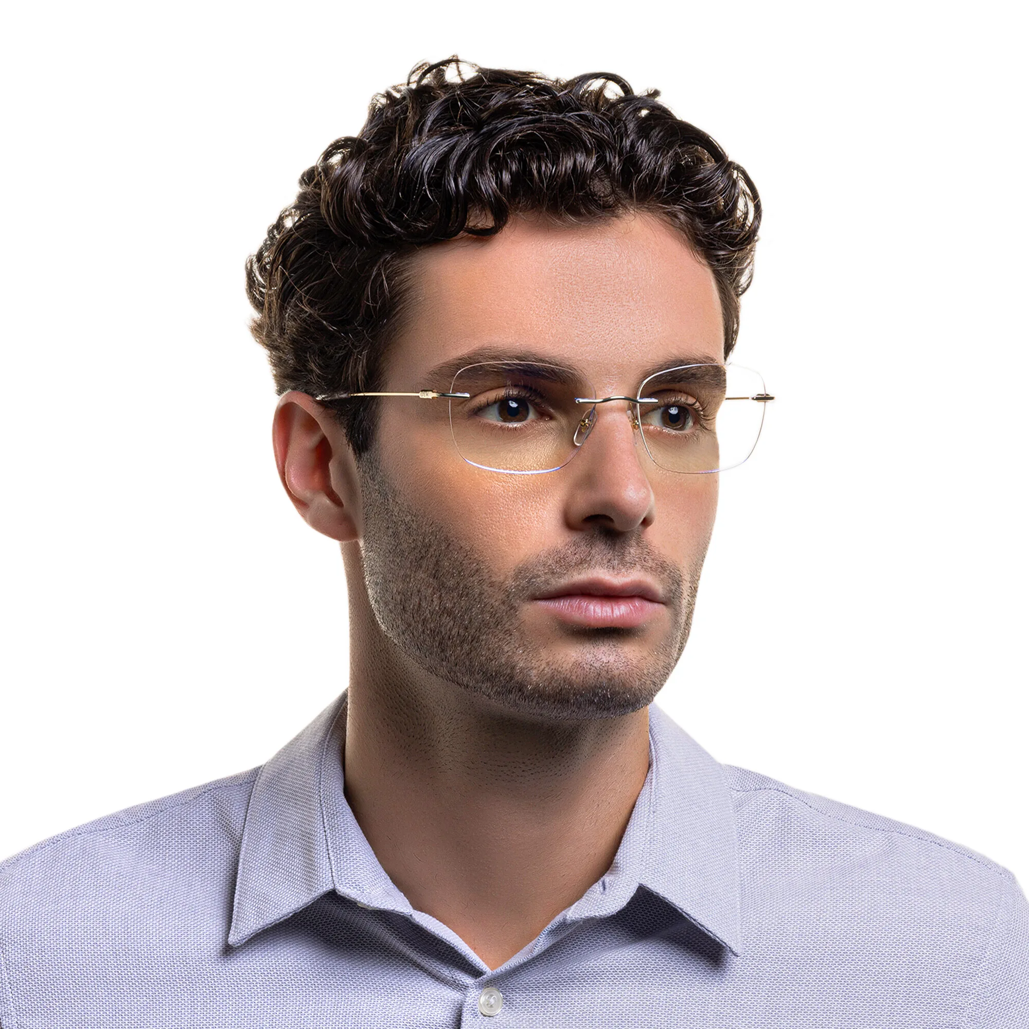 Shop EYE'M Rimless Wide Square Eyeglasses in Gold online.