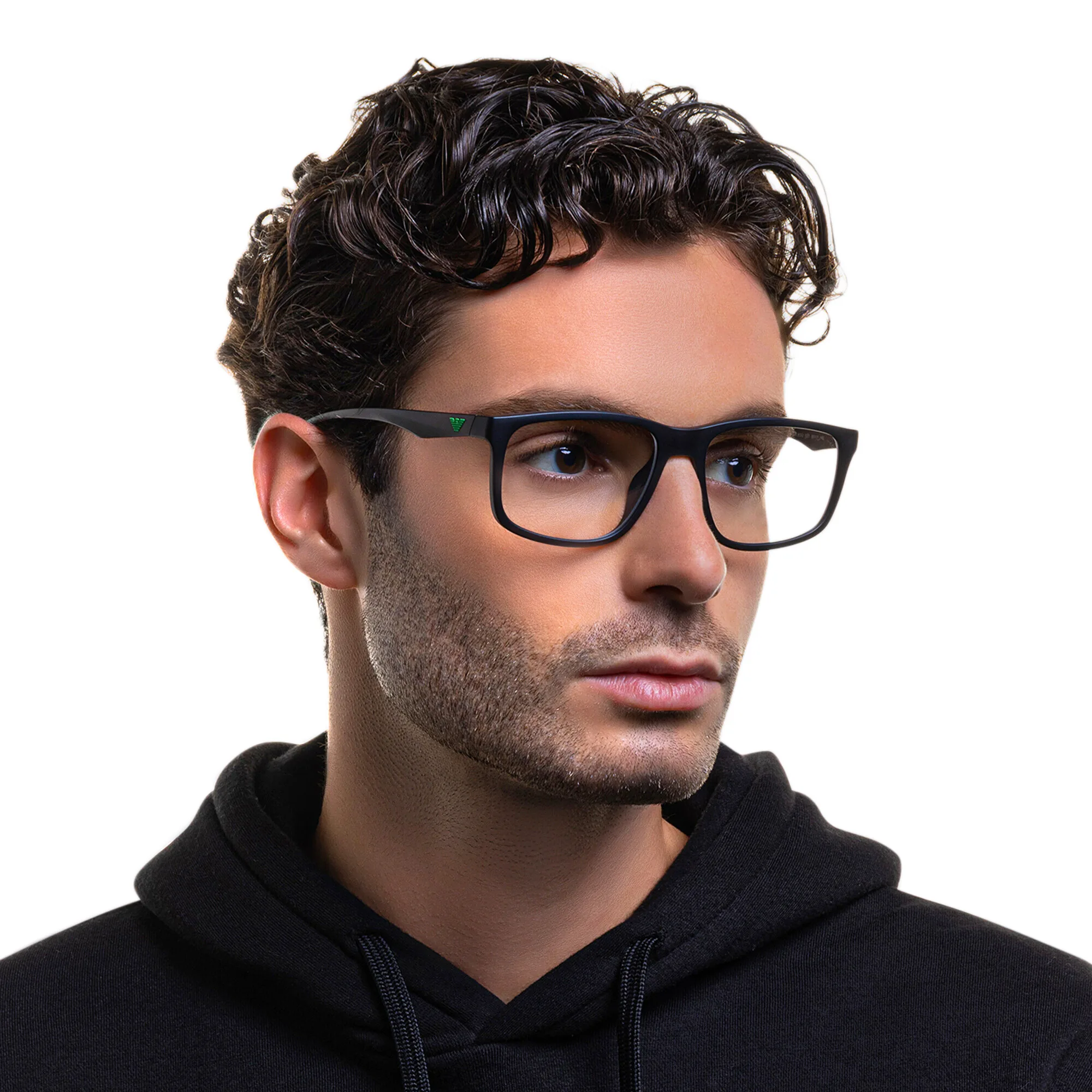 Shop Emporio Armani Wide Square Eyeglasses in Matte Black online.