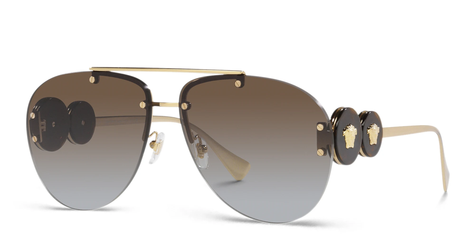 Shop VERSACE Double Medusa rimless Pilot sunglasses in Gold online.