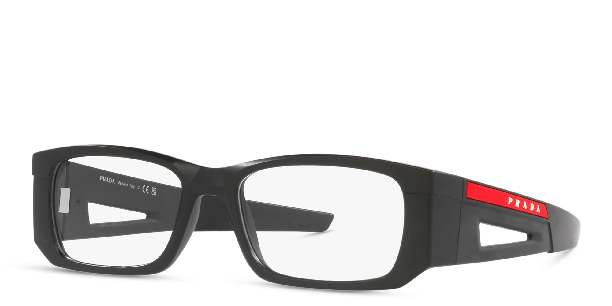 Shop Prada Linea Rossa Wide Rectangle Eyeglasses in Matte Black online.