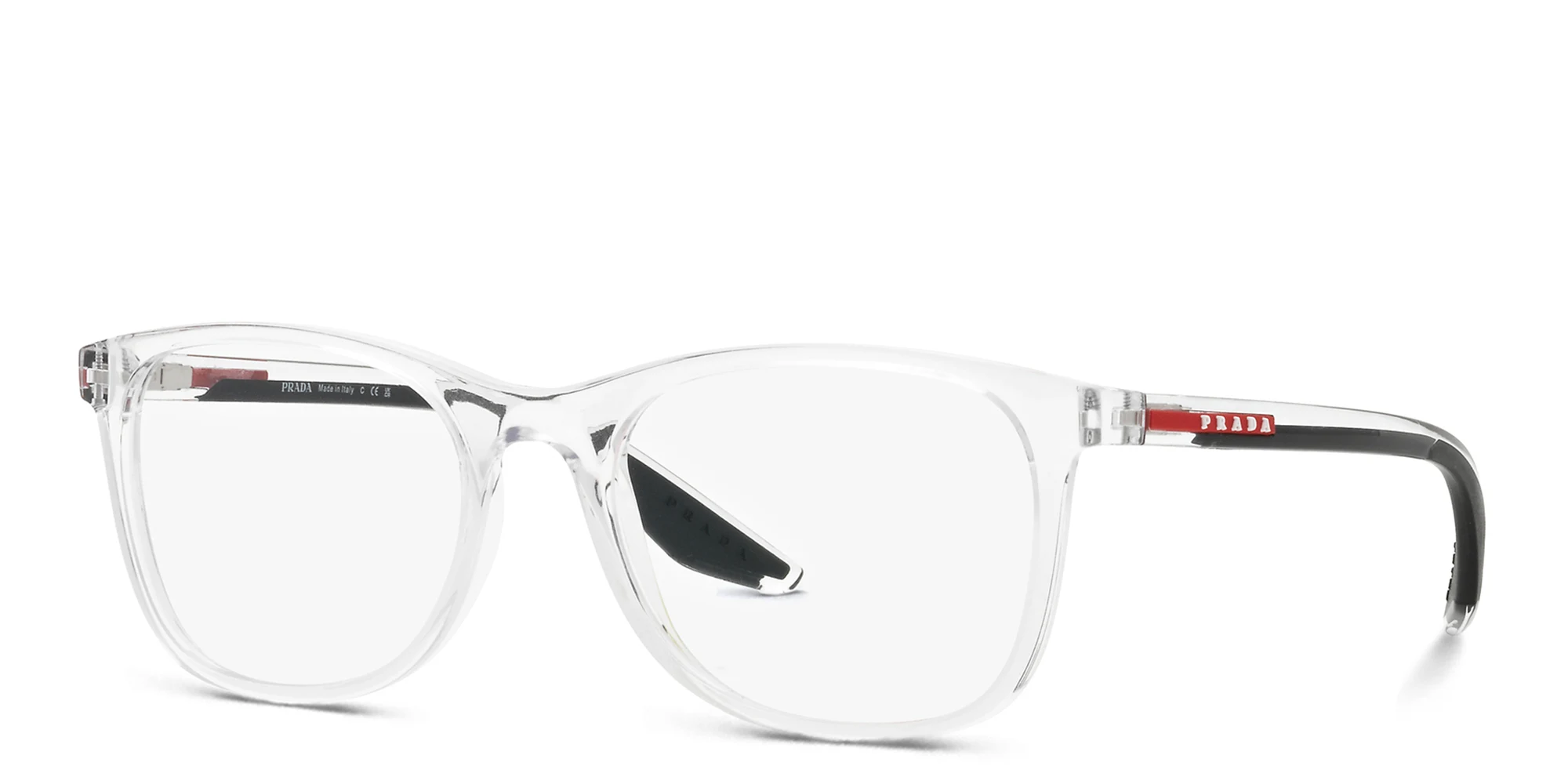 Shop Prada Linea Rossa Wide Pillow Eyeglasses in Crystal online.