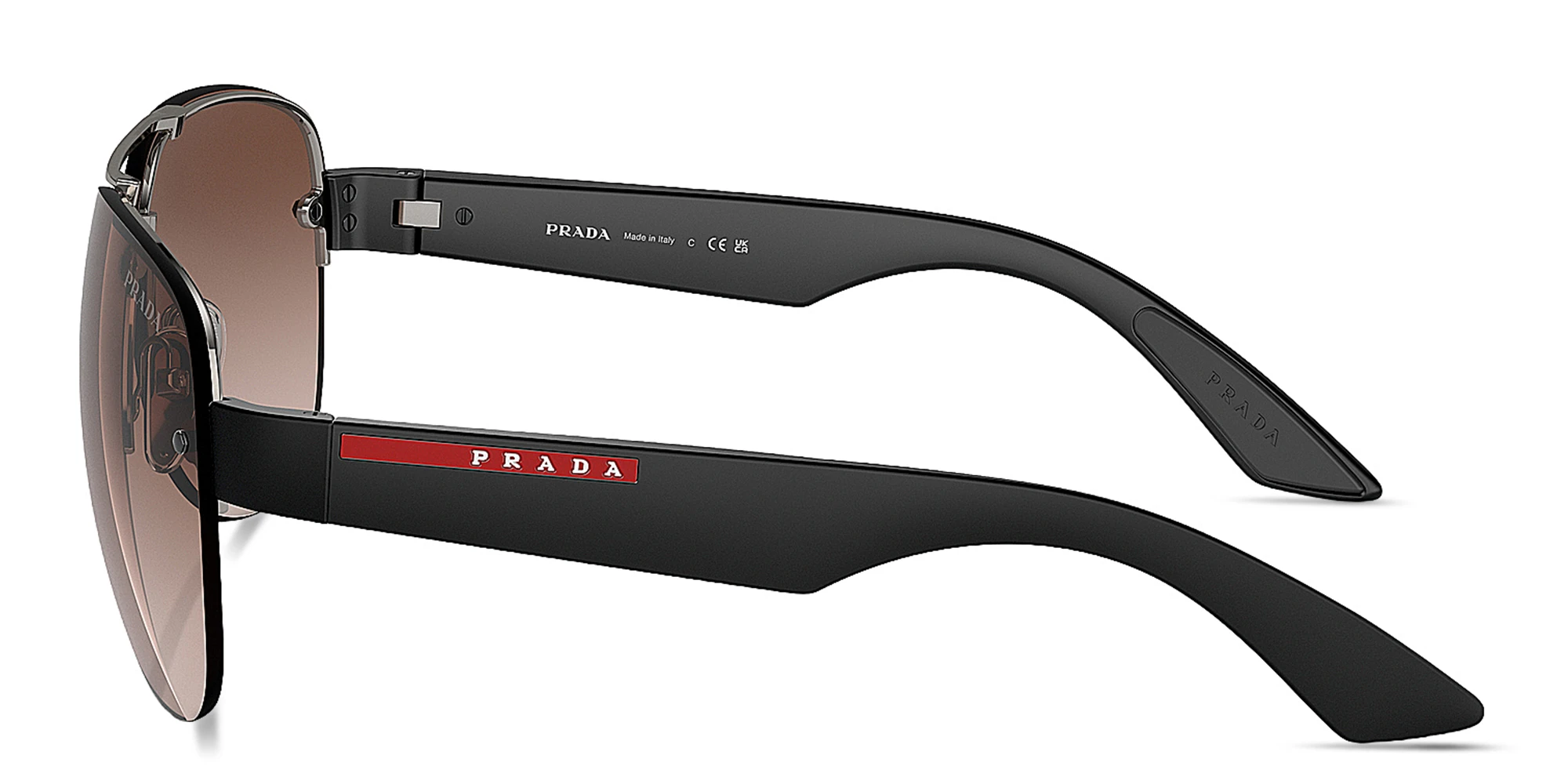 Shop Prada Linea Rossa Half-Rim Aviator Sunglasses in Gunmetal online.