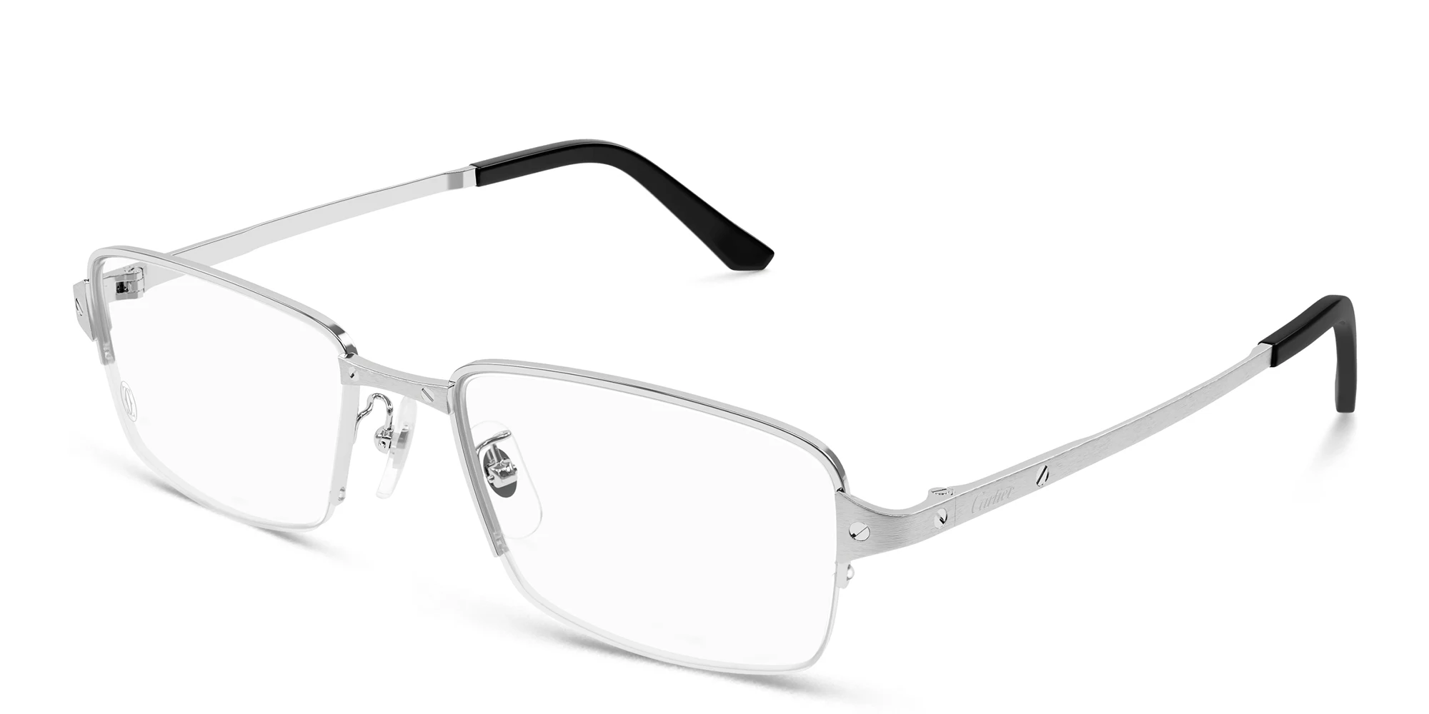Shop Cartier Santos de Cartier Half-Rim Rectangle Eyeglasses in Silver online.