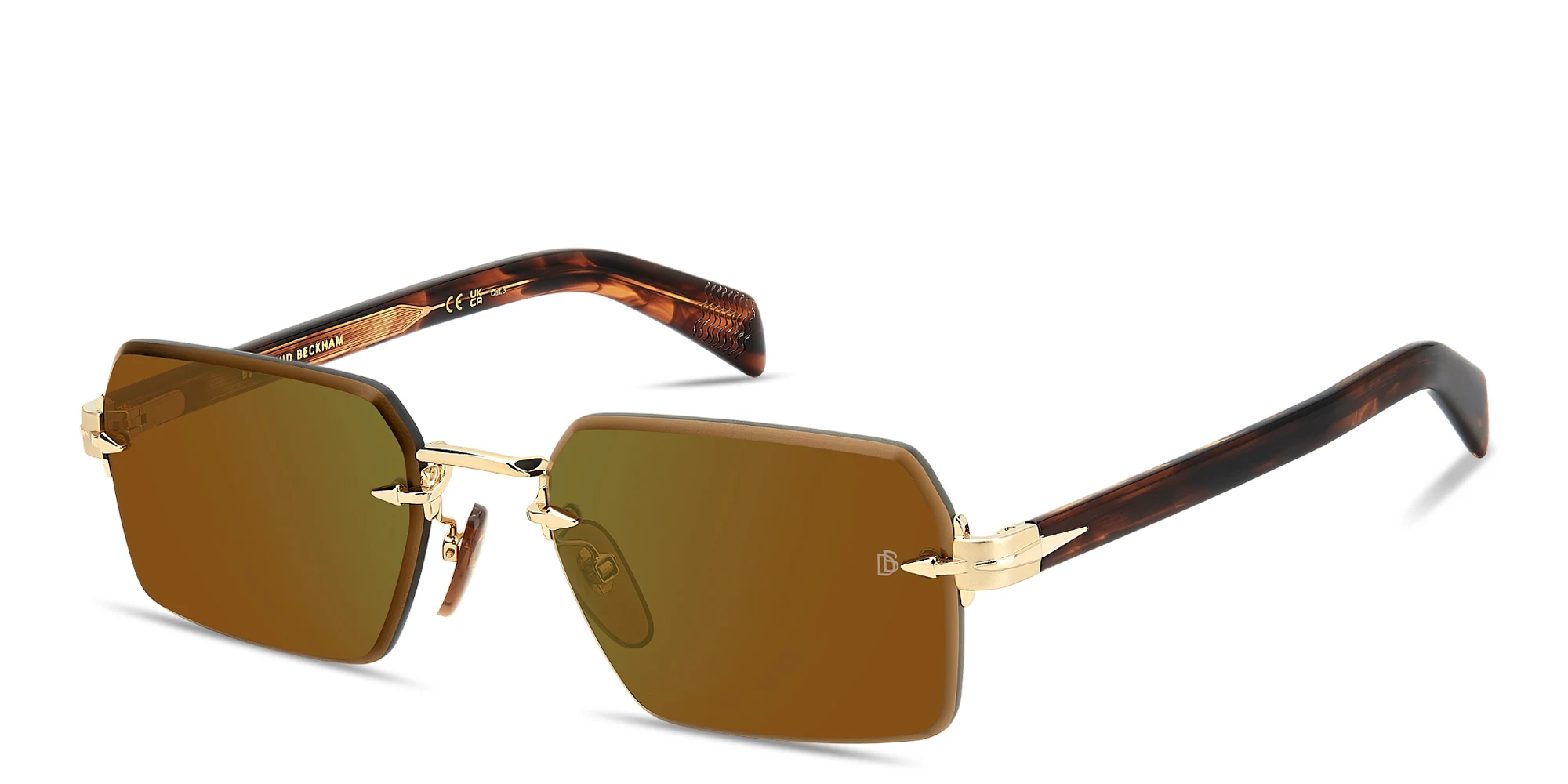 Shop DAVID BECKHAM Talisman Rimless Rectangle Sunglasses in Shiny Gold online.