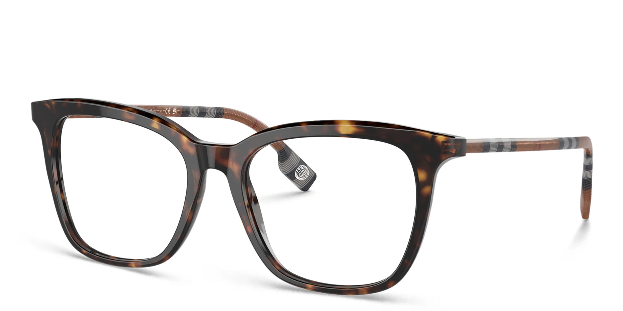 Shop BURBERRY Check Pattern Square Eyeglasses in Dark Havana online.
