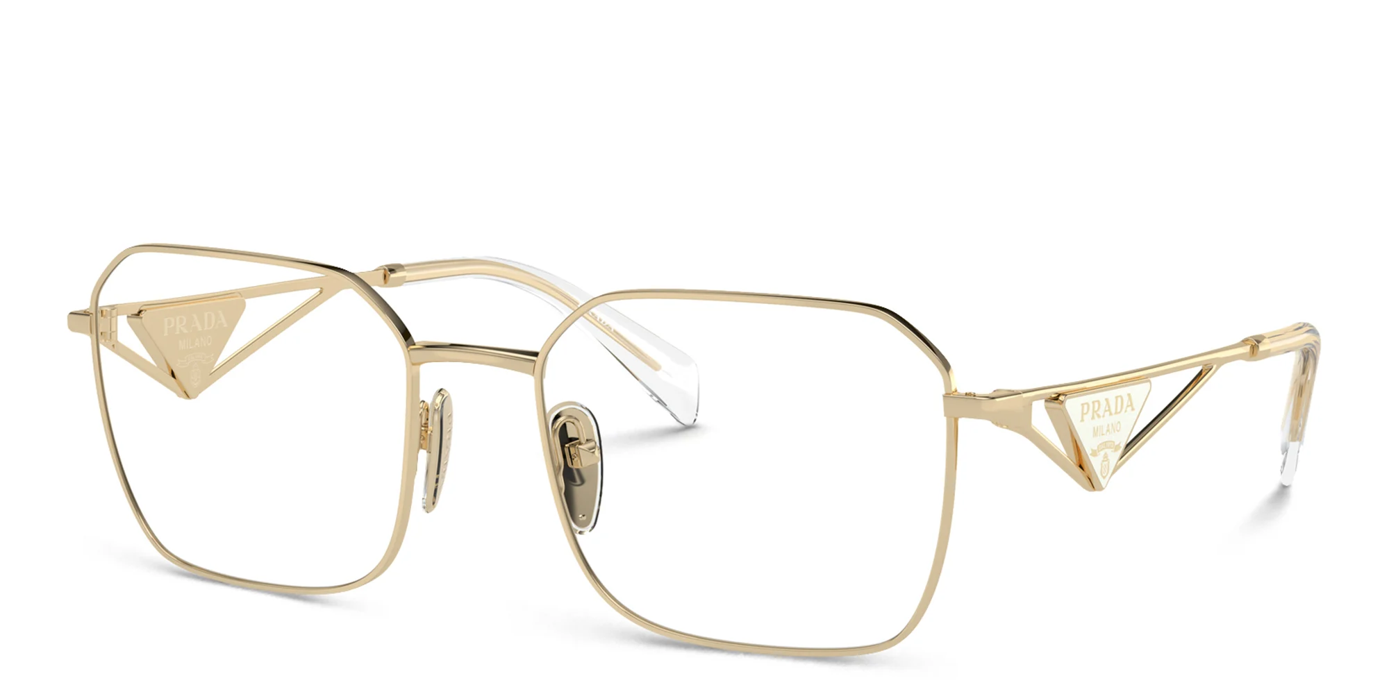 Shop PRADA Wide Irregular Eyeglasses in Pale Gold online.