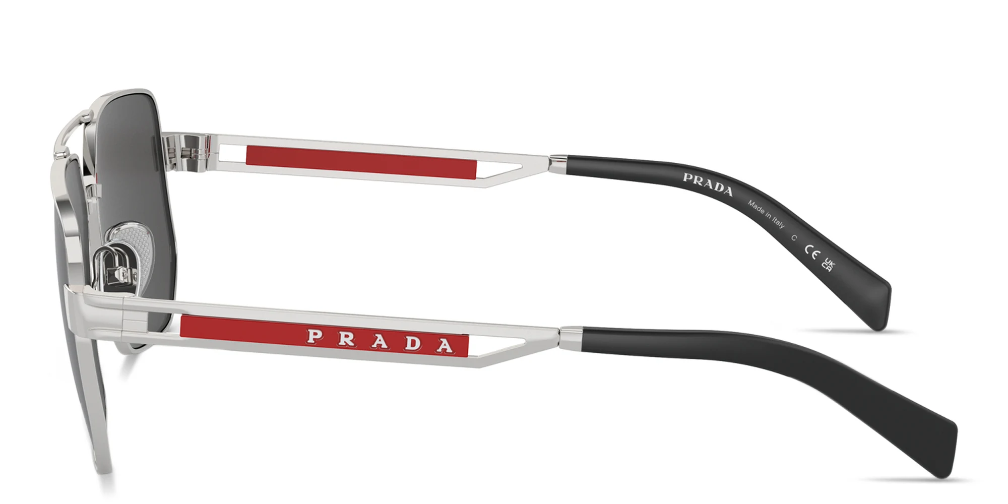 Shop Prada Linea Rossa Logo Signature Aviator Sunglasses in Silver online.