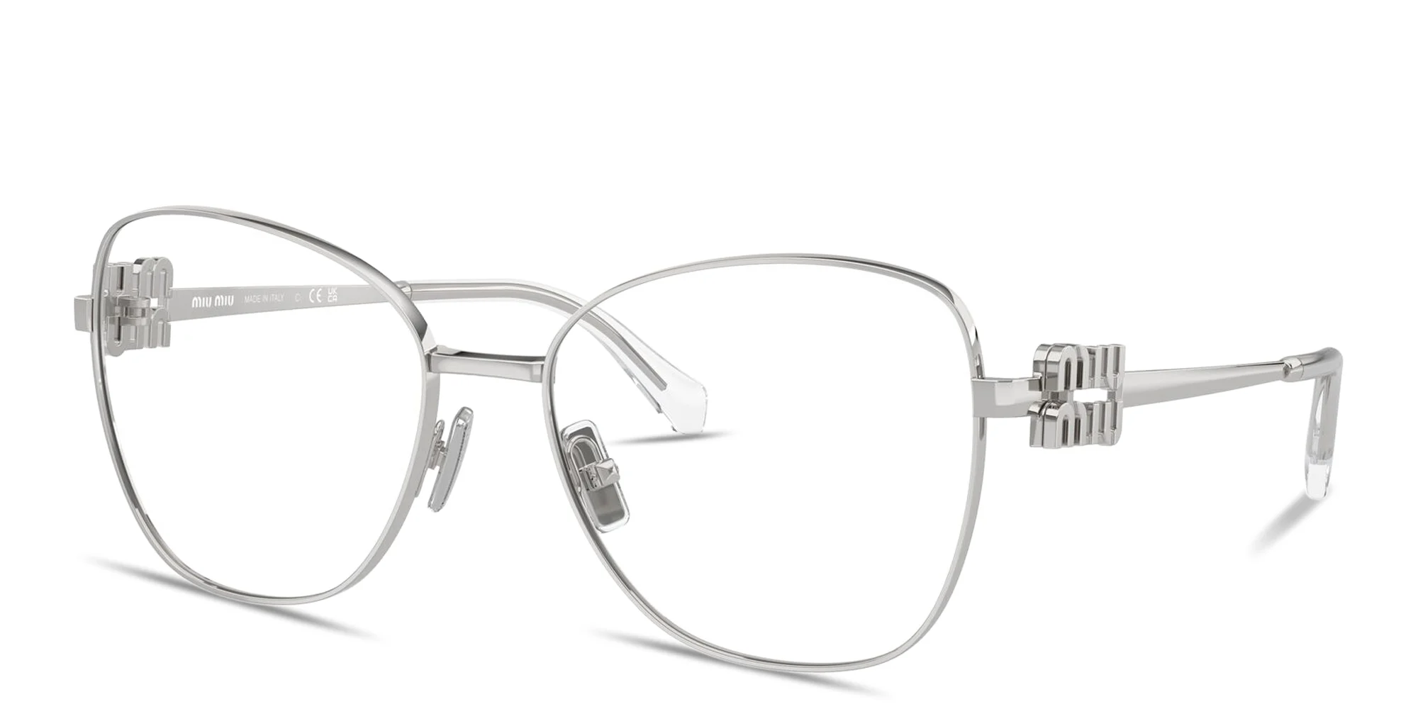 Shop MIU MIU Vertical Logo Cat-Eye Eyeglasses in Silver online.