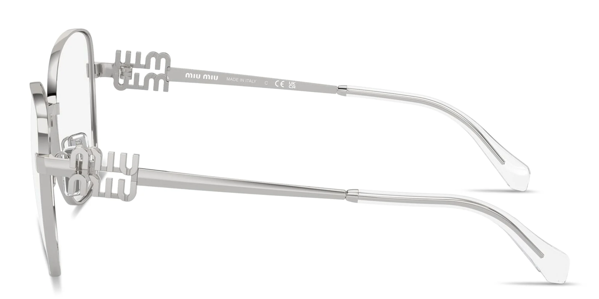 Shop MIU MIU Vertical Logo Cat-Eye Eyeglasses in Silver online.