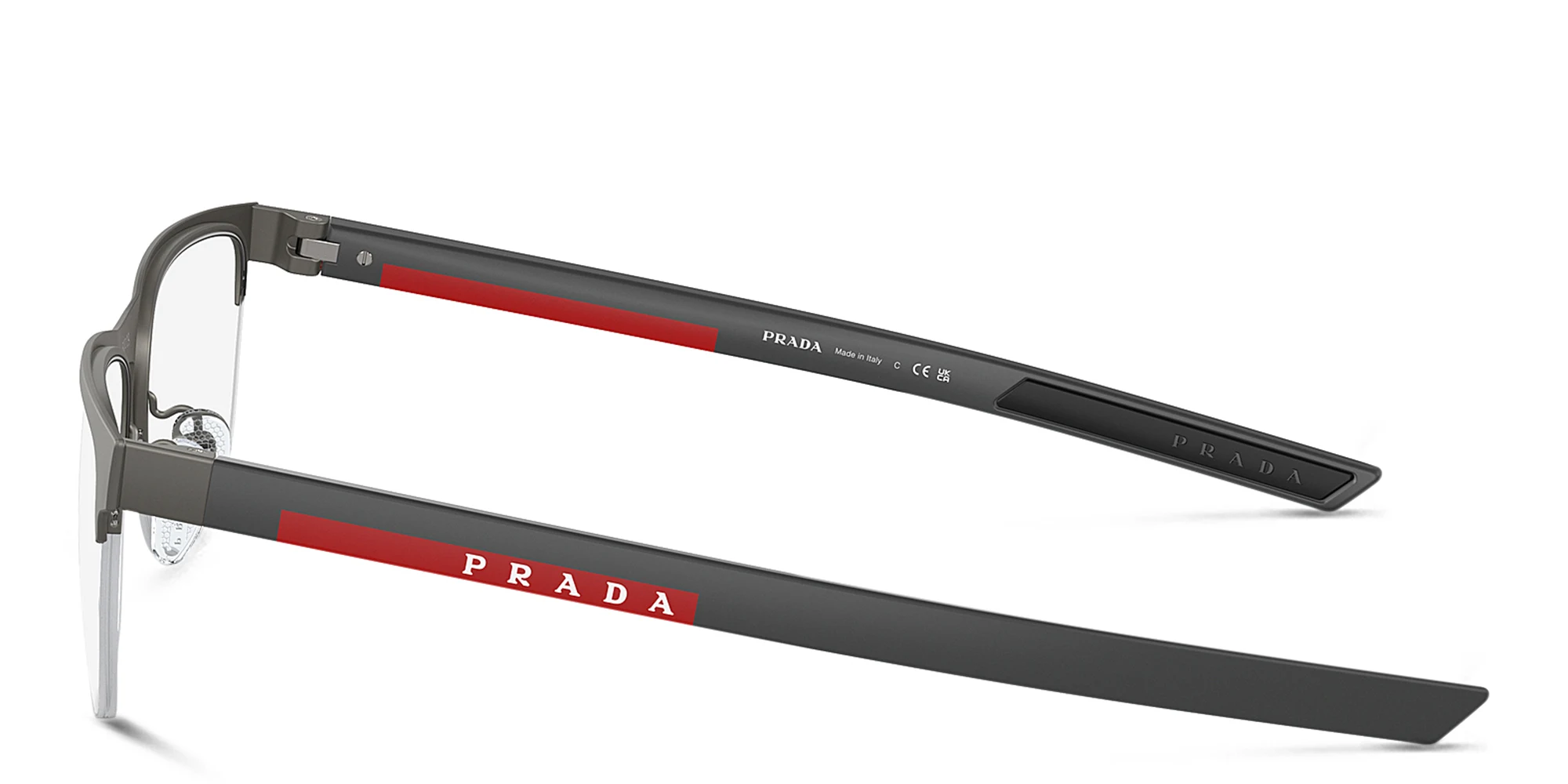 Shop Prada Linea Rossa Half-Rim Wide Rectangle Eyeglasses in Matte Grey online.