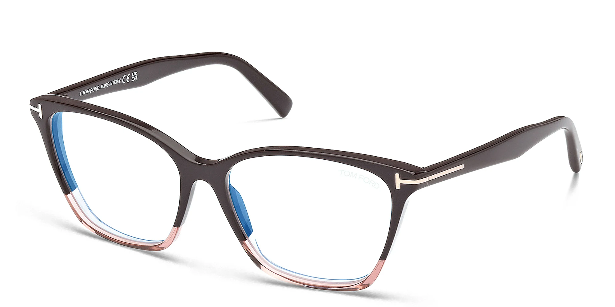 Shop TOM FORD Logo Wide Cat-Eye Eyeglasses in Dark Brown online.