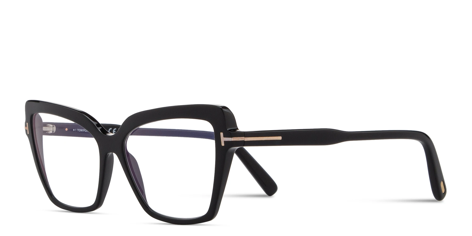 Shop TOM FORD Logo Wide Cat-Eye Eyeglasses in Shiny Black online.